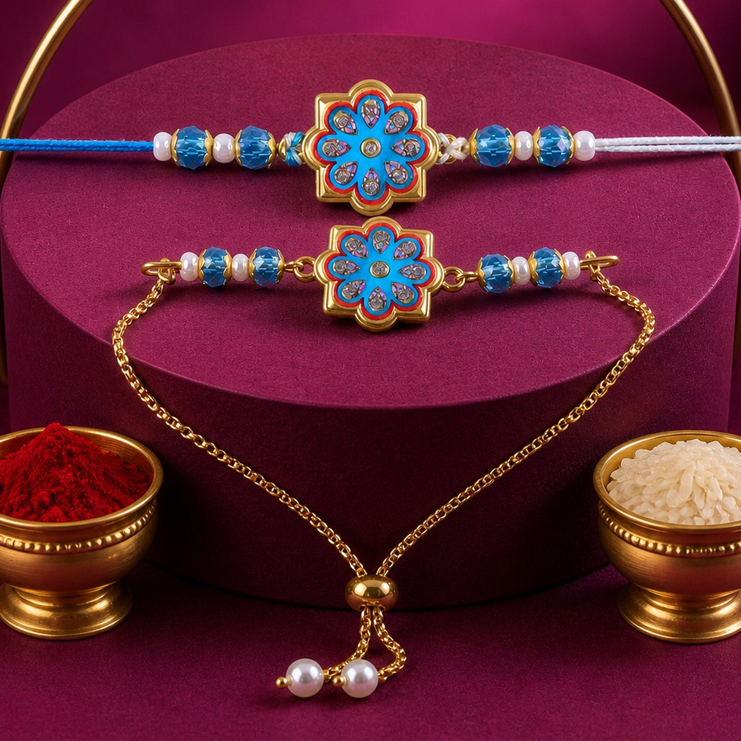 Premium Floral Chakra Bhai Bhabhi Lumba Rakhi with Beaded Detail