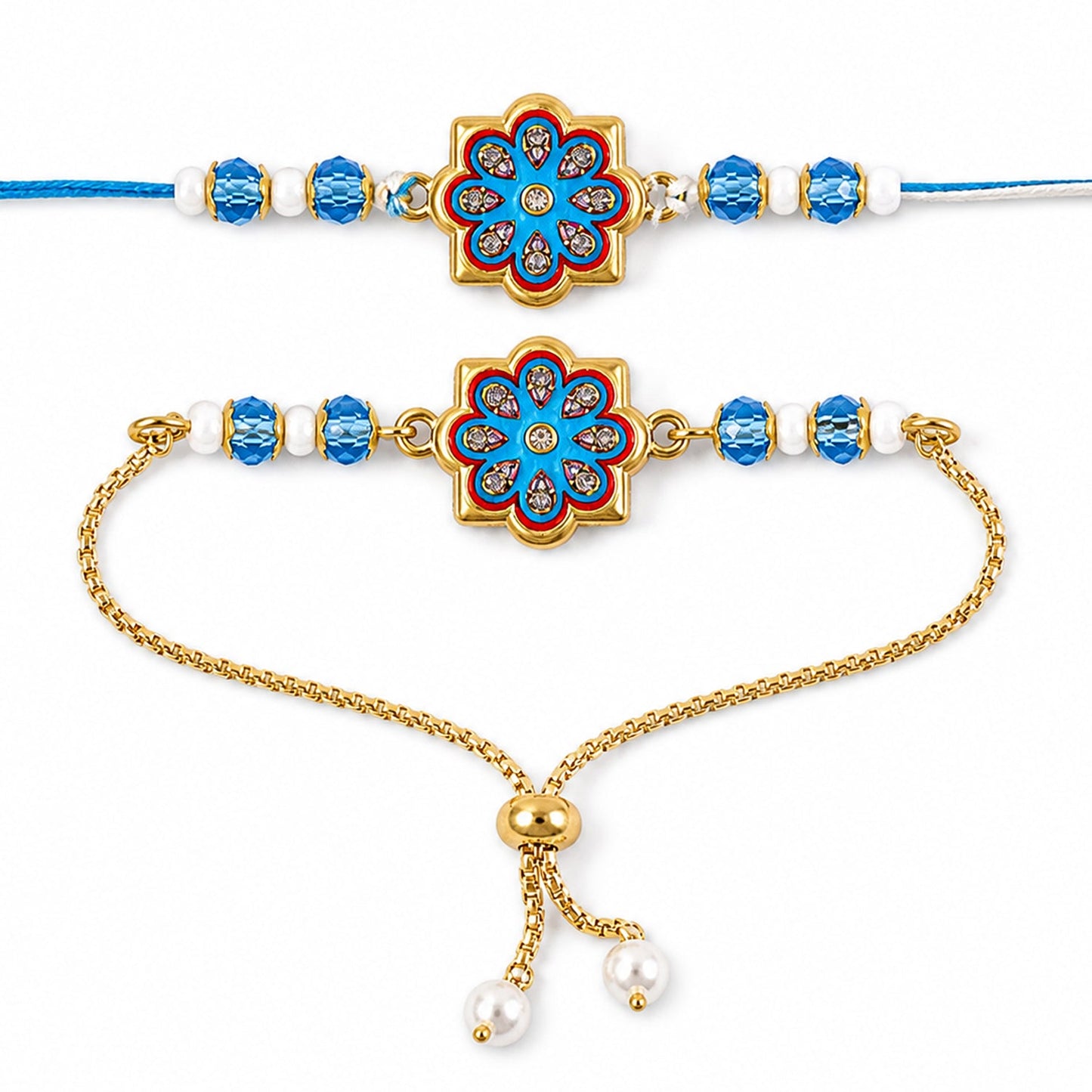 Premium Floral Chakra Bhai Bhabhi Lumba Rakhi with Beaded Detail
