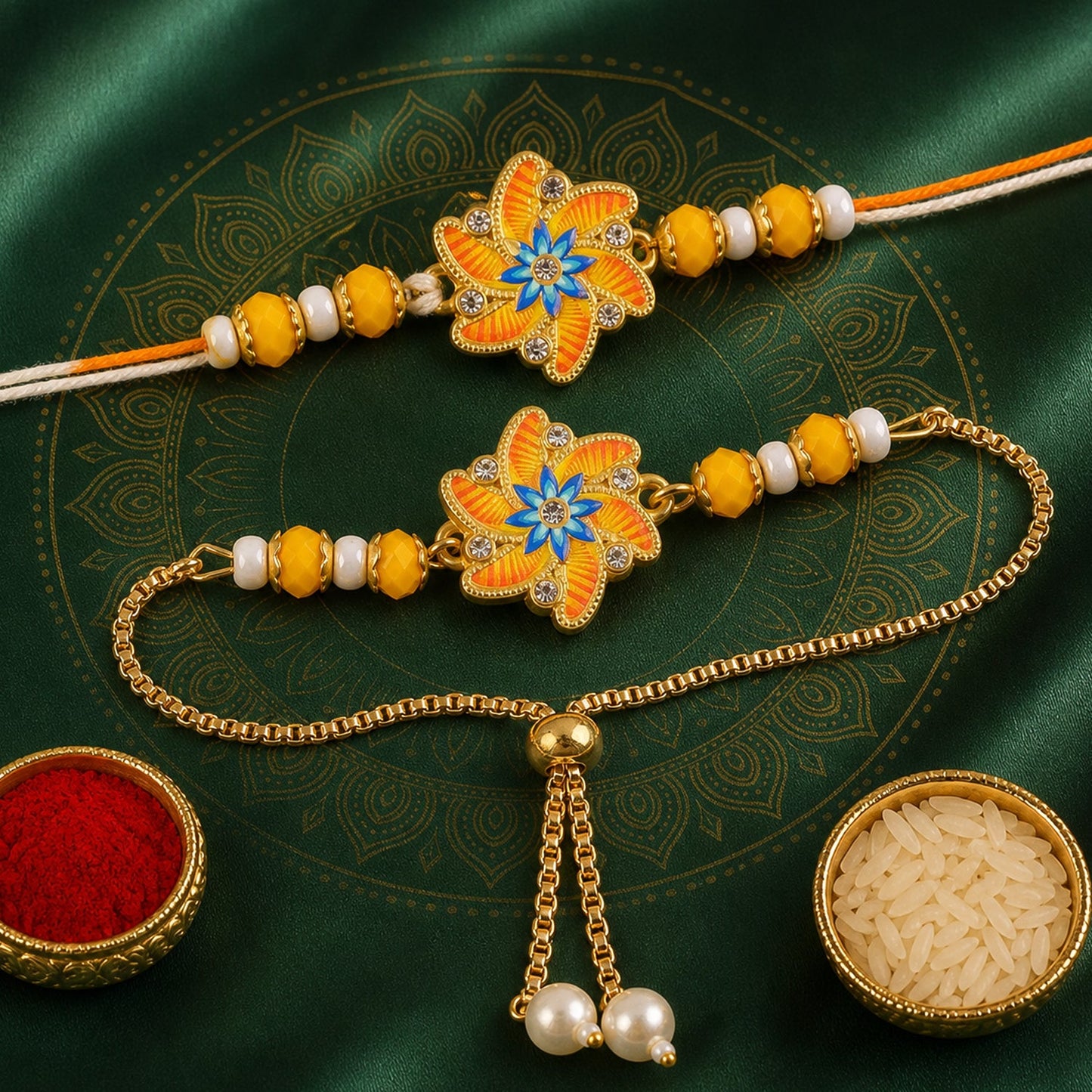 Premium Floral Stone Bhai Bhabhi Lumba Rakhi with Beaded Accent