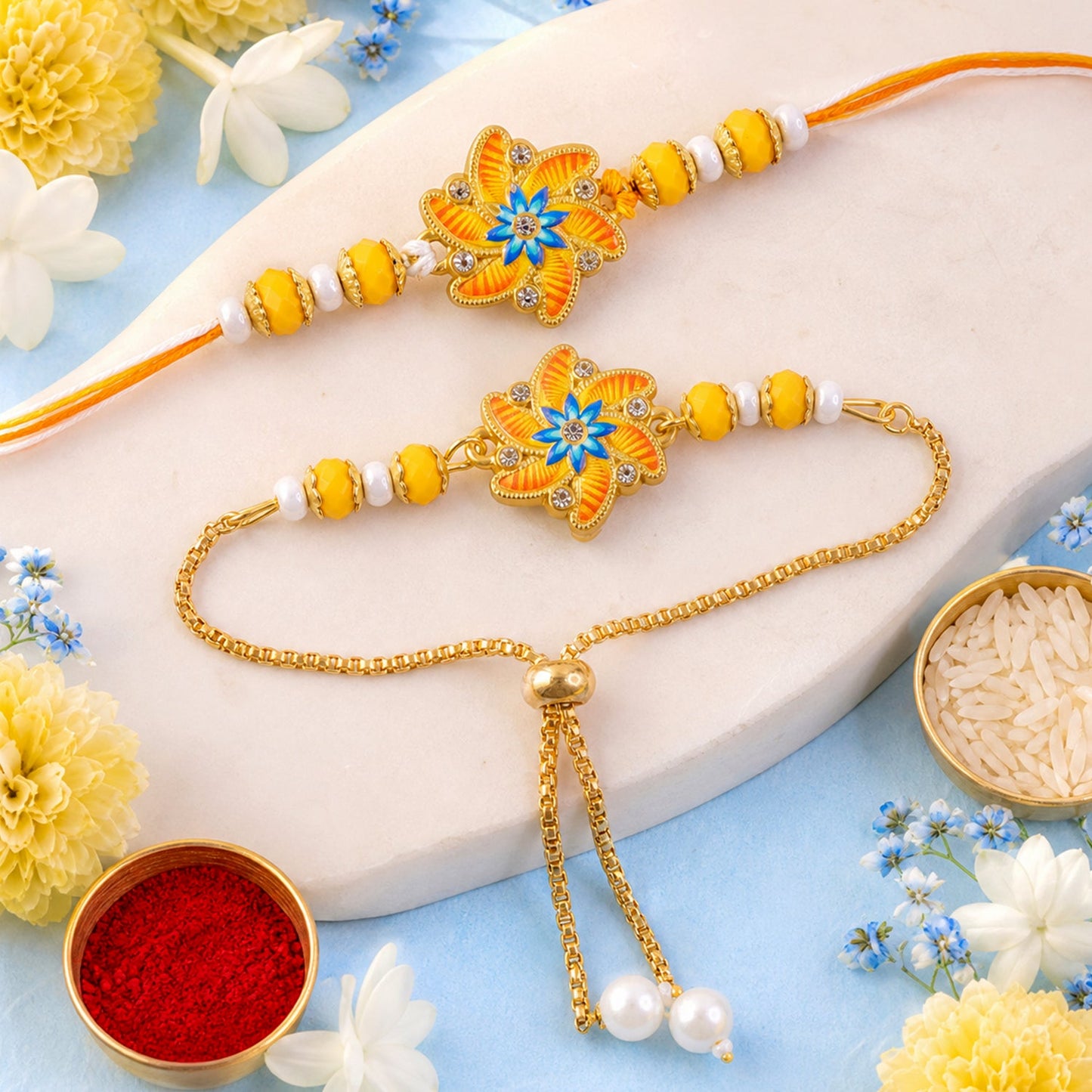 Premium Floral Stone Bhai Bhabhi Lumba Rakhi with Beaded Accent
