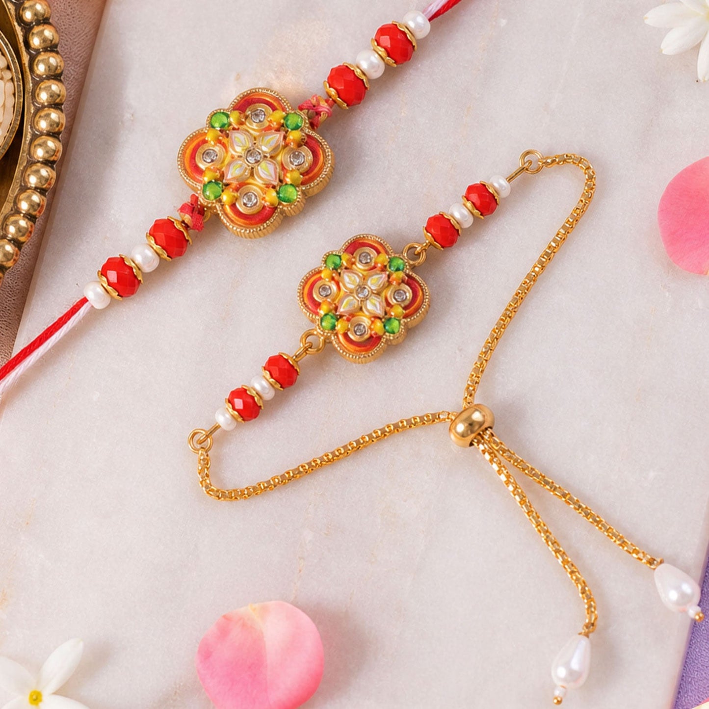 Premium Floral Kundan Bhai Bhabhi Lumba Rakhi with Pearl Accent