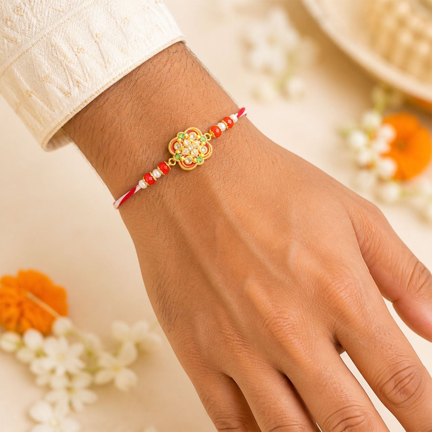 Premium Floral Kundan Bhai Bhabhi Lumba Rakhi with Pearl Accent