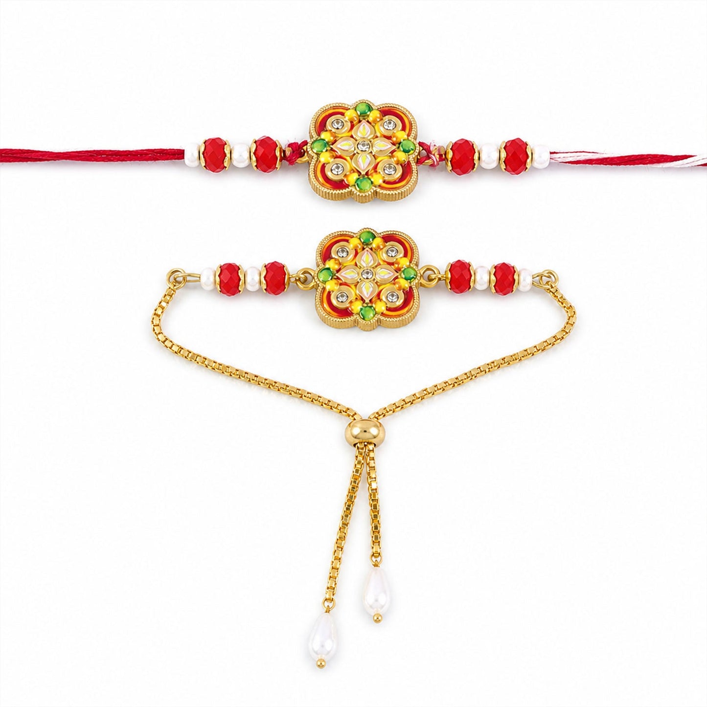 Premium Floral Kundan Bhai Bhabhi Lumba Rakhi with Pearl Accent