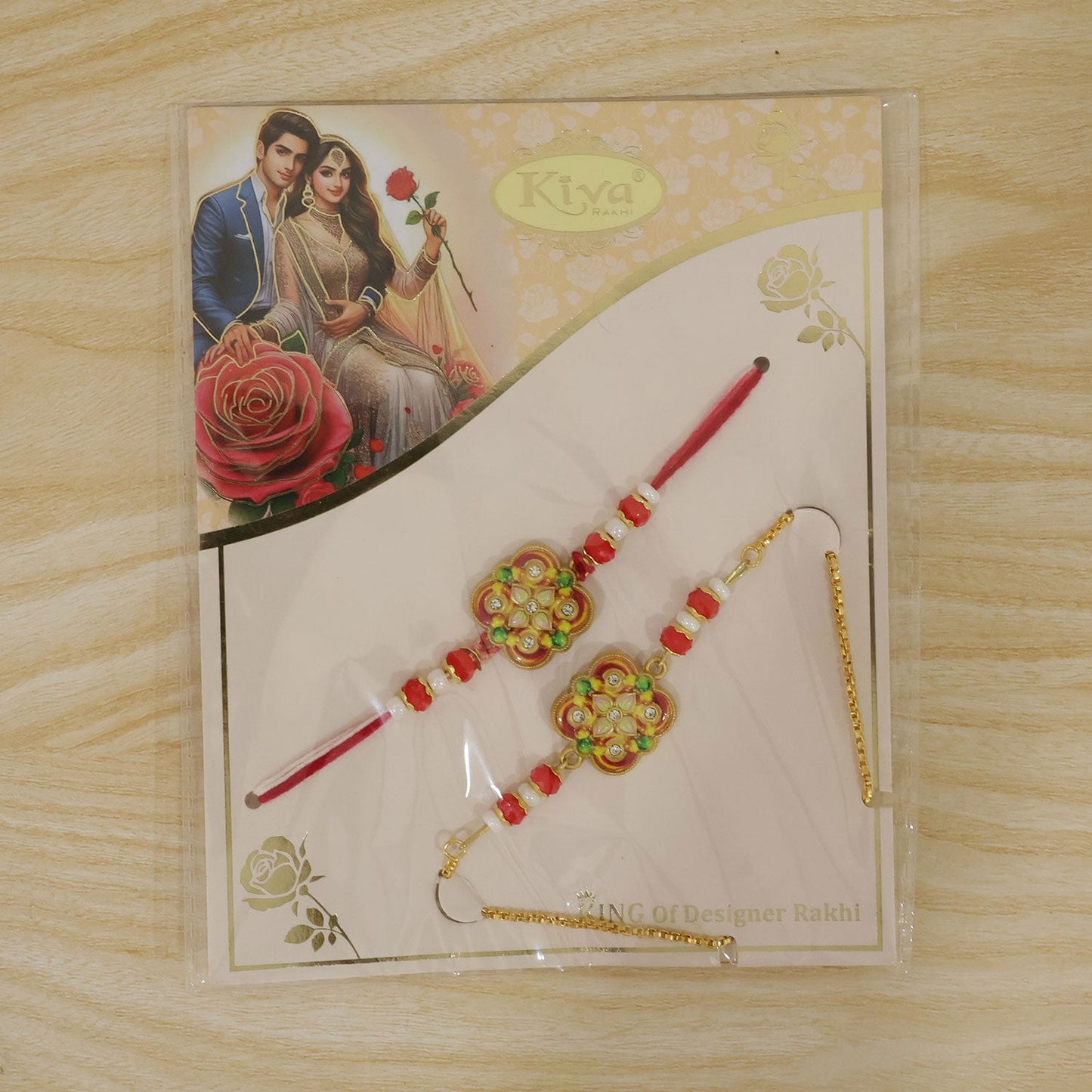 Premium Floral Kundan Bhai Bhabhi Lumba Rakhi with Pearl Accent