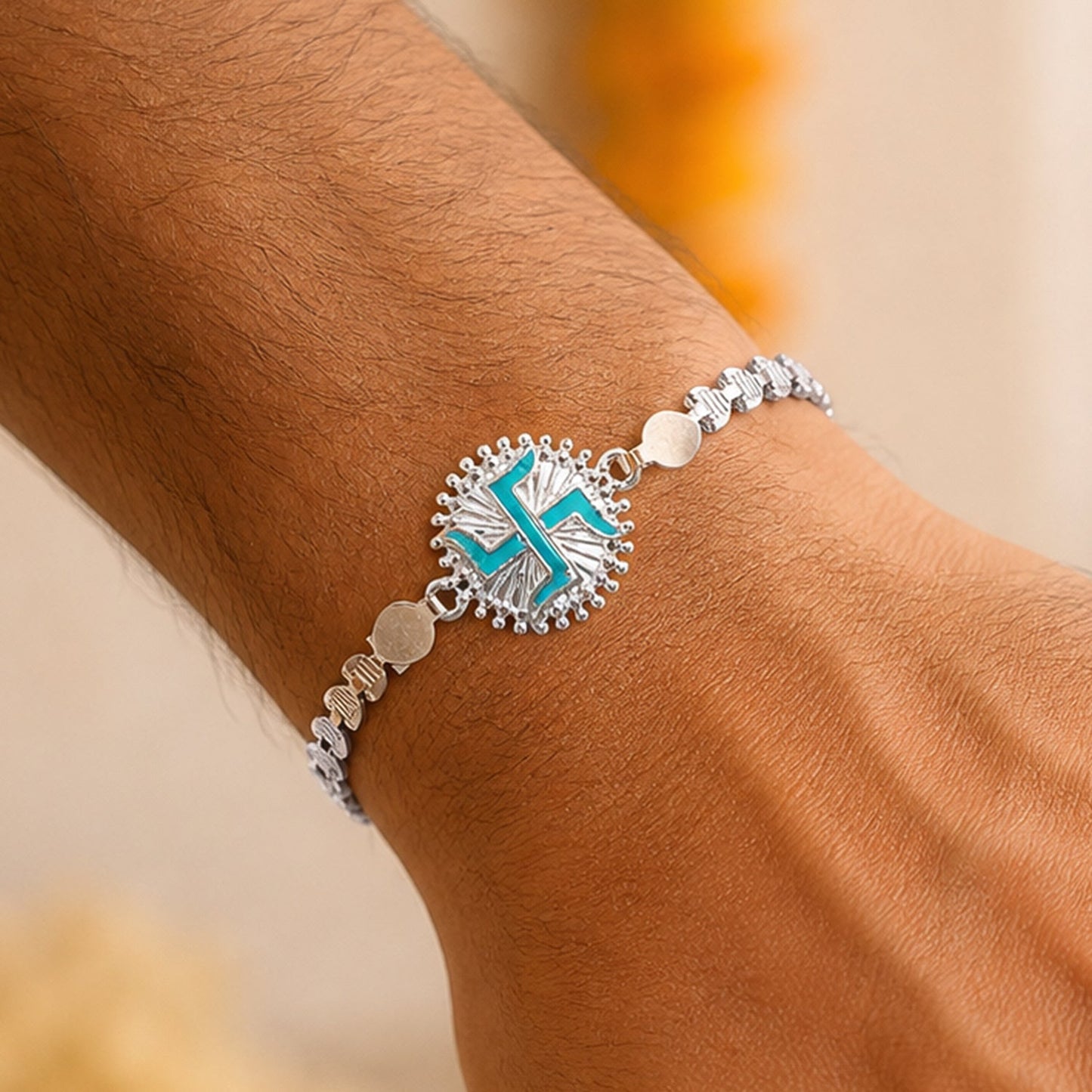 Round Silver Swastik Turquoise Enamel Studded Chain Rakhi