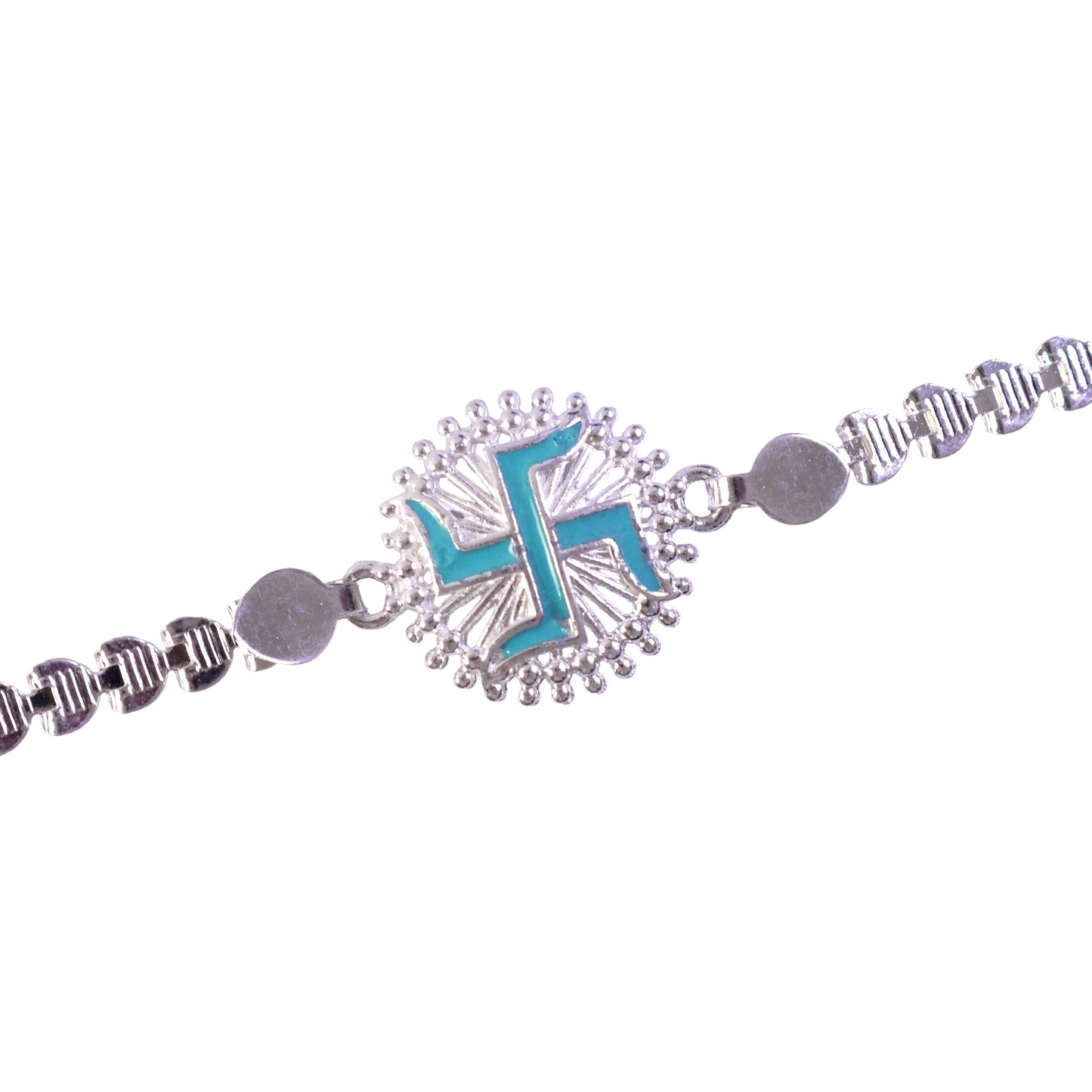 Round Silver Swastik Turquoise Enamel Studded Chain Rakhi