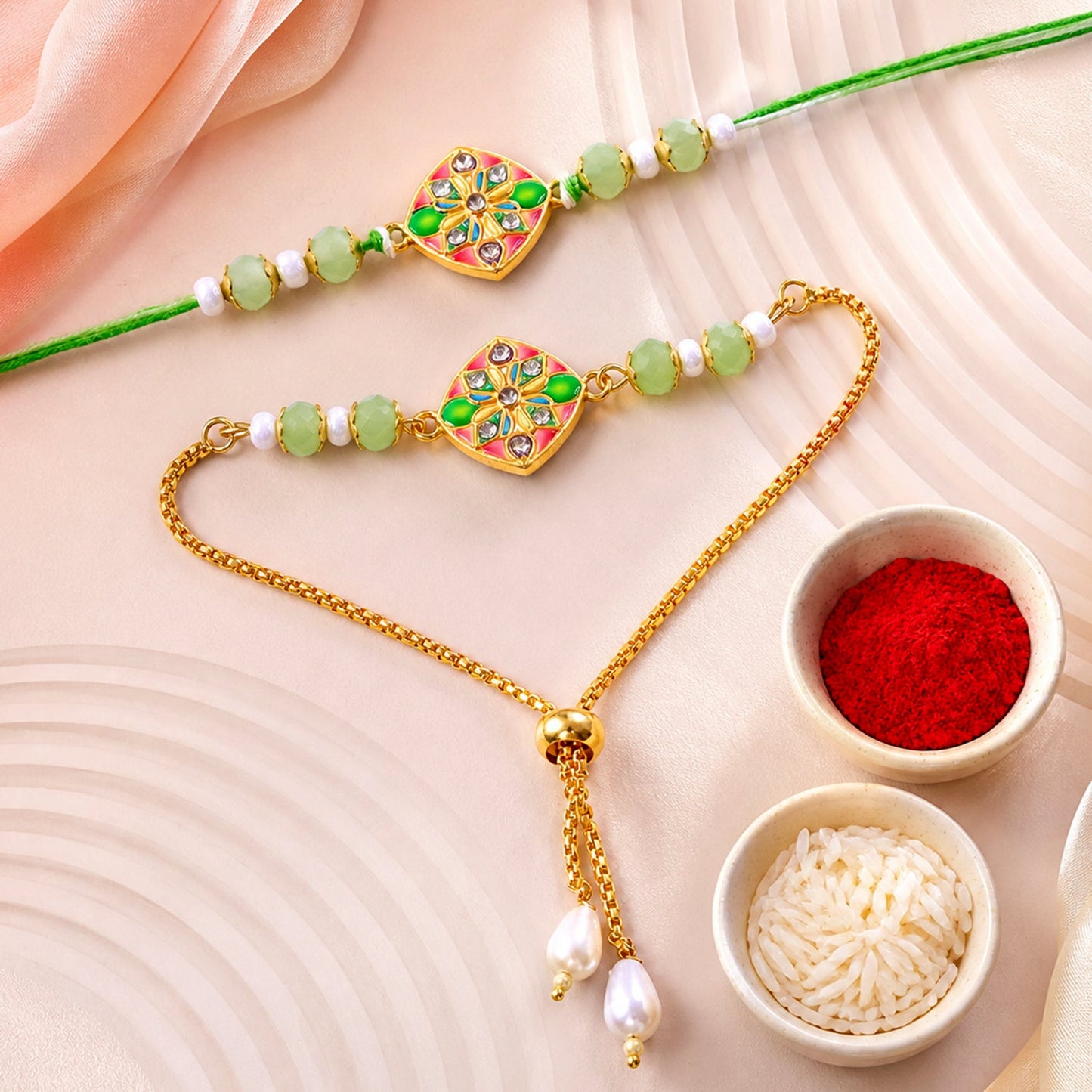 Premium Diamond Meenakari Kundan Floral Beads Bhai Bhabhi Rakhi Lumba Set