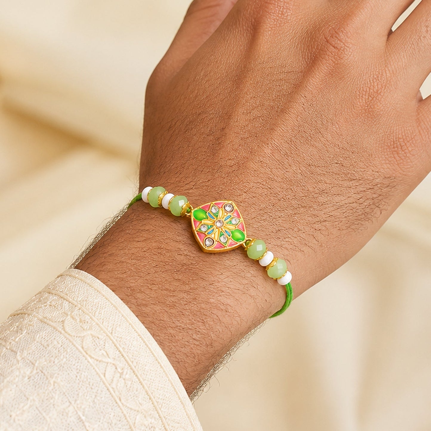 Premium Diamond Meenakari Kundan Floral Beads Bhai Bhabhi Rakhi Lumba Set