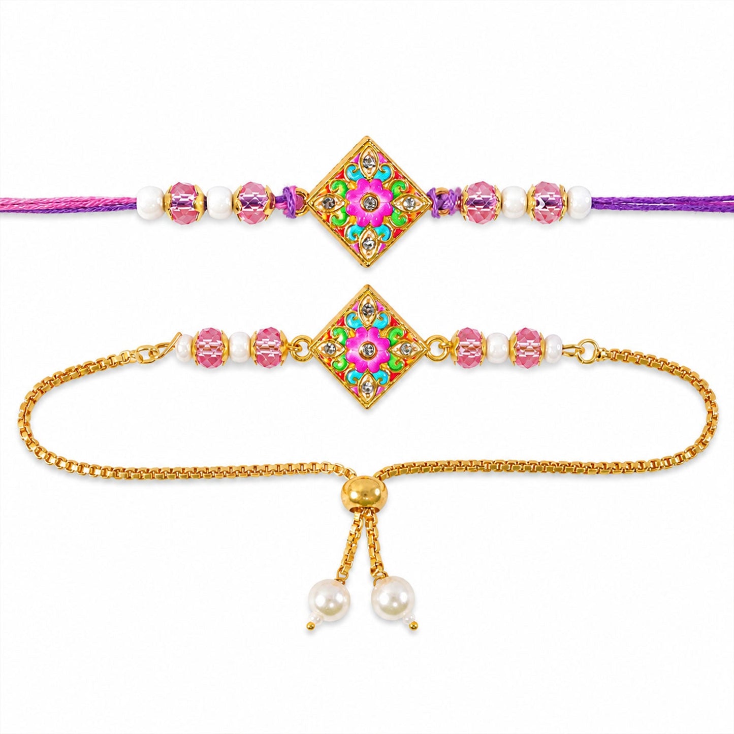 Diamond Floral Meenakari Kundan Beads Bhai Bhabhi Rakhi Lumba Set