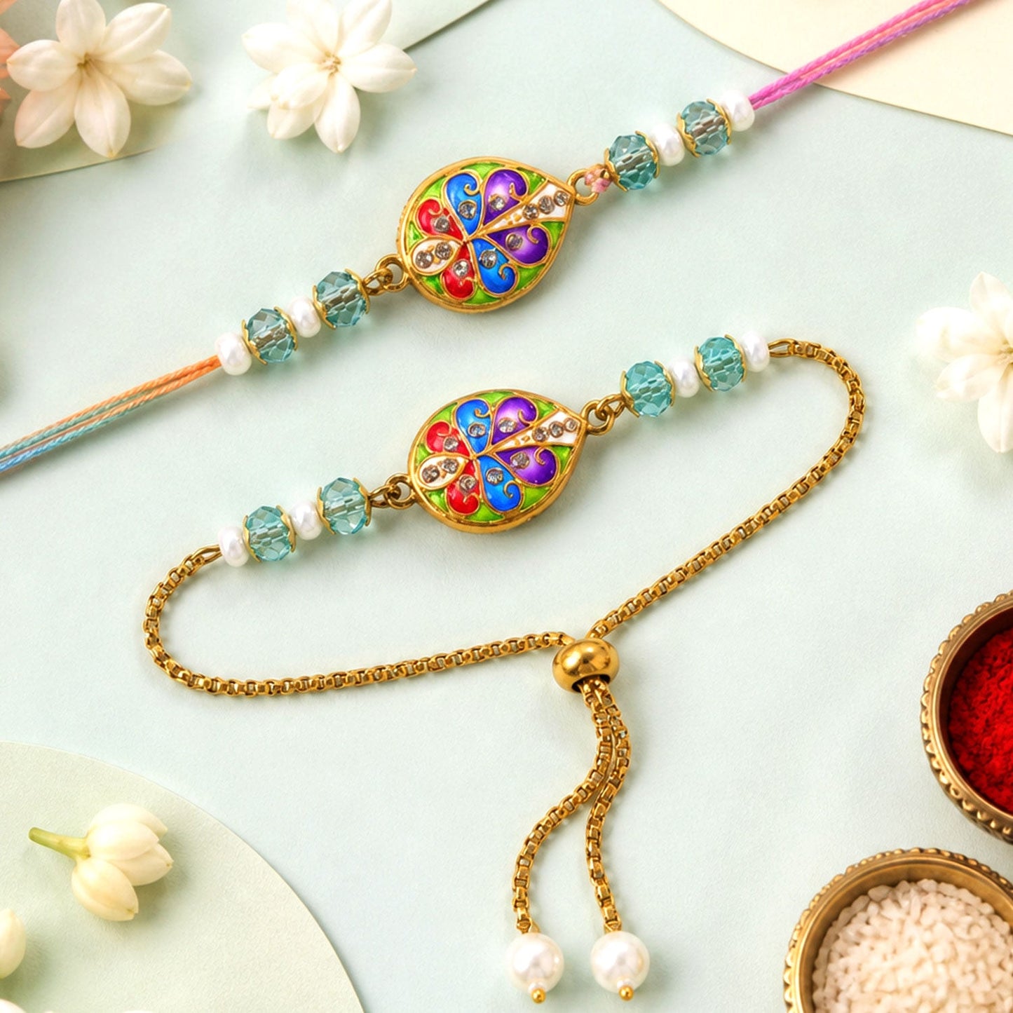 Floral Meenakari Kundan Crystal Pearl Beads Bhai Bhabhi Rakhi Lumba Set