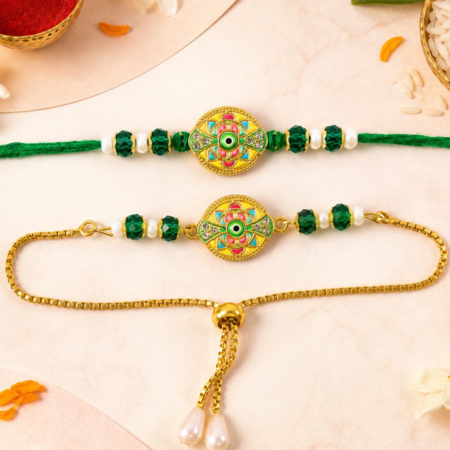 Round Nazar Evil Eye Meenakari Kundan Beads Bhai Bhabhi Rakhi Lumba Set
