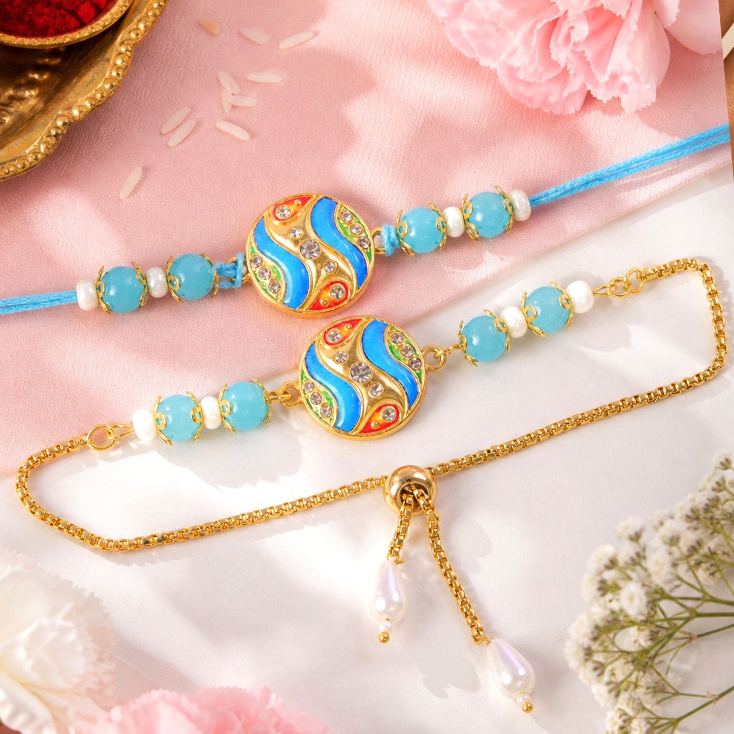 Round Wave Meenakari Kundan Turquoise Beads Bhai Bhabhi Rakhi Lumba Set