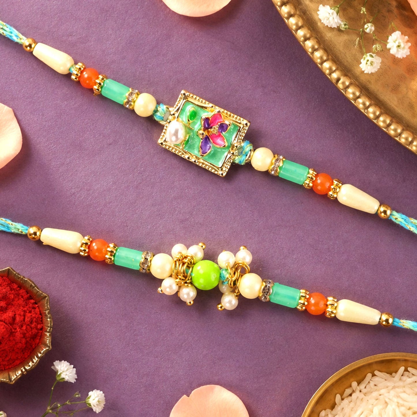 Premium Square Floral Bhai Bhabhi Lumba Rakhi with Pearl Drop Design