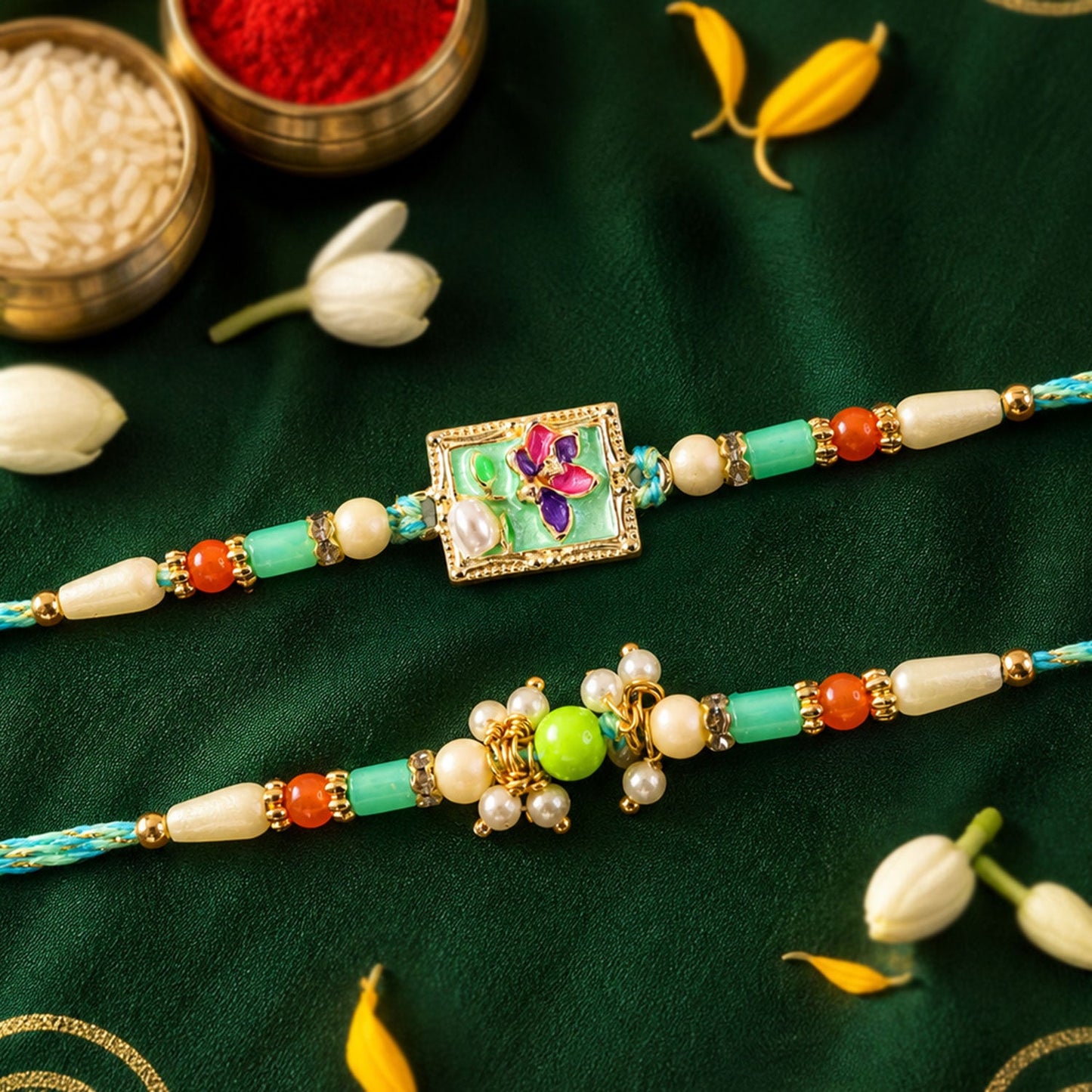 Premium Square Floral Bhai Bhabhi Lumba Rakhi with Pearl Drop Design