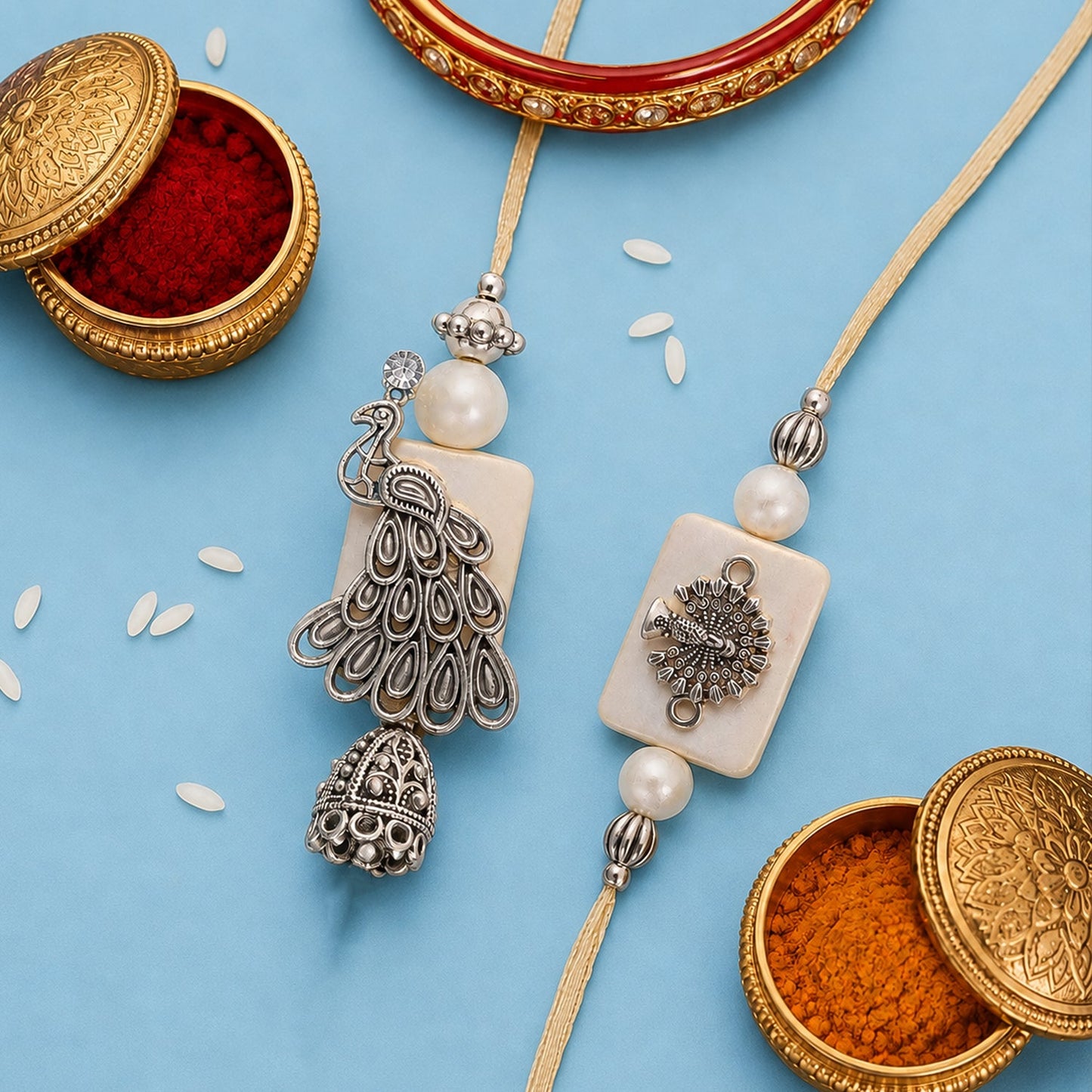 Premium Stylish Peacock Motif Bhai Bhabhi Lumba Rakhi for Raksha Bandhan