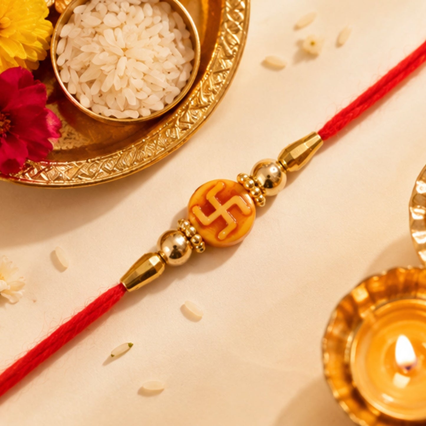 Religious Swastik Round Golden Bead Traditional Rakhi