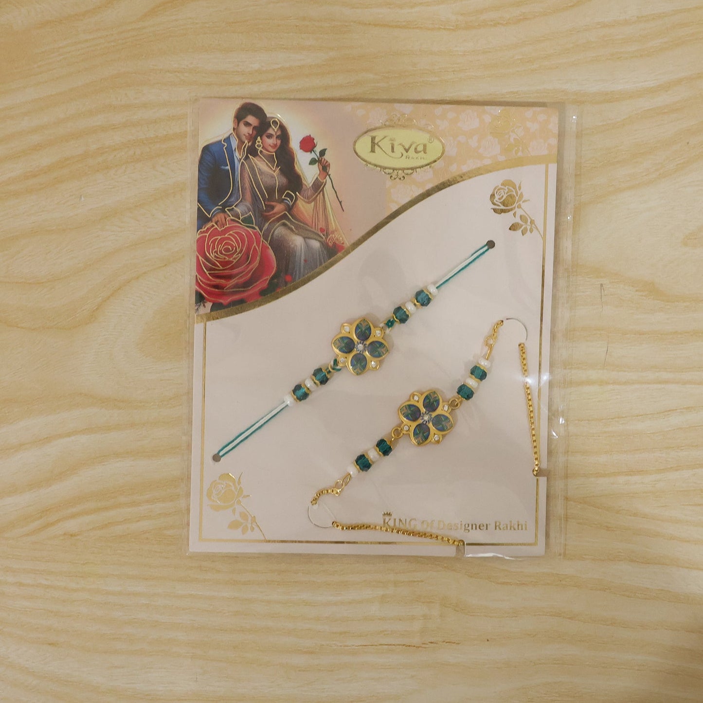 golden plated peacock inspired floral enamel crystal and pearl Bhaiya Bhabhi rakhi set