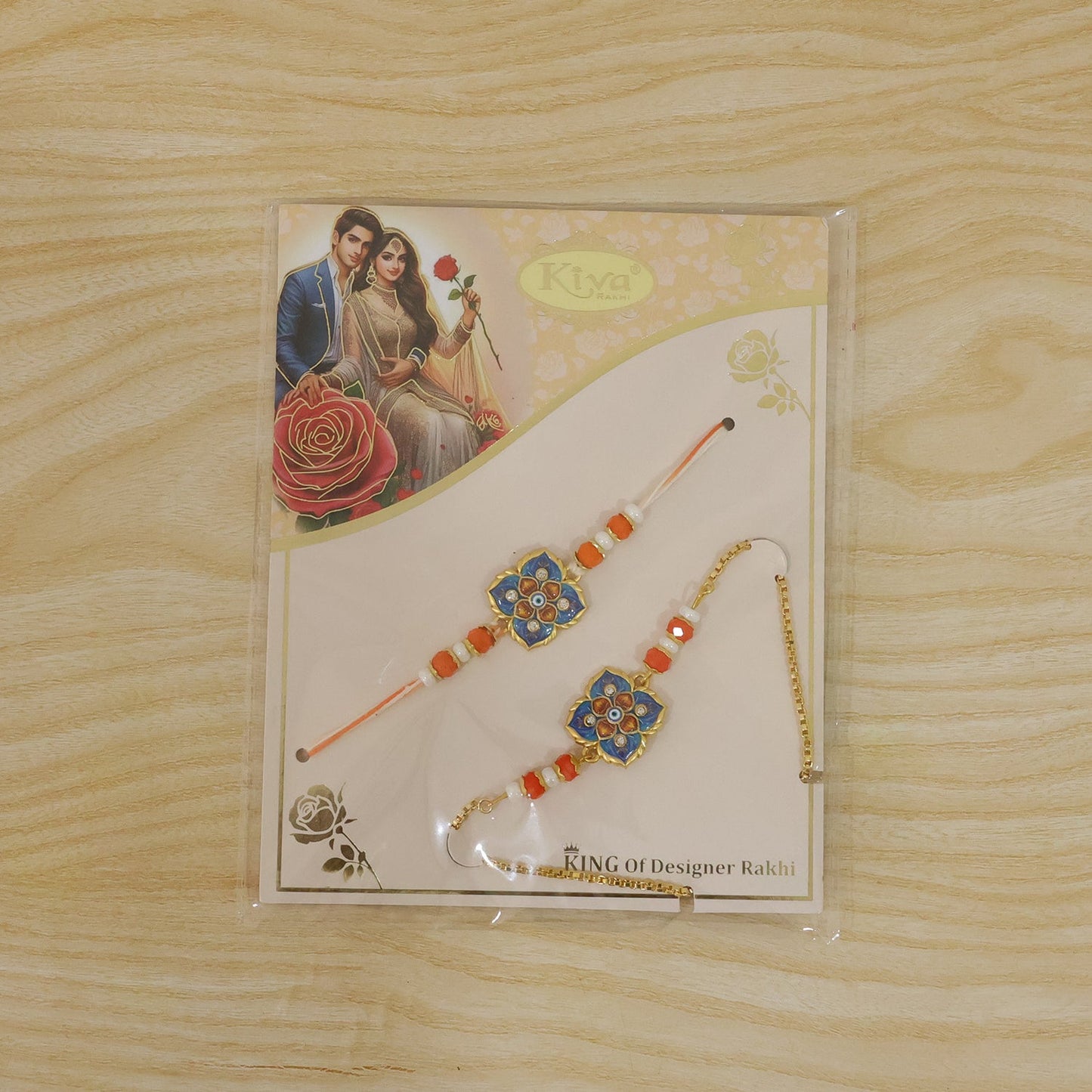 Premium Blue Clover Nazar Evil Eye Enamel Beads Bhai Bhabhi Rakhi Lumba Set