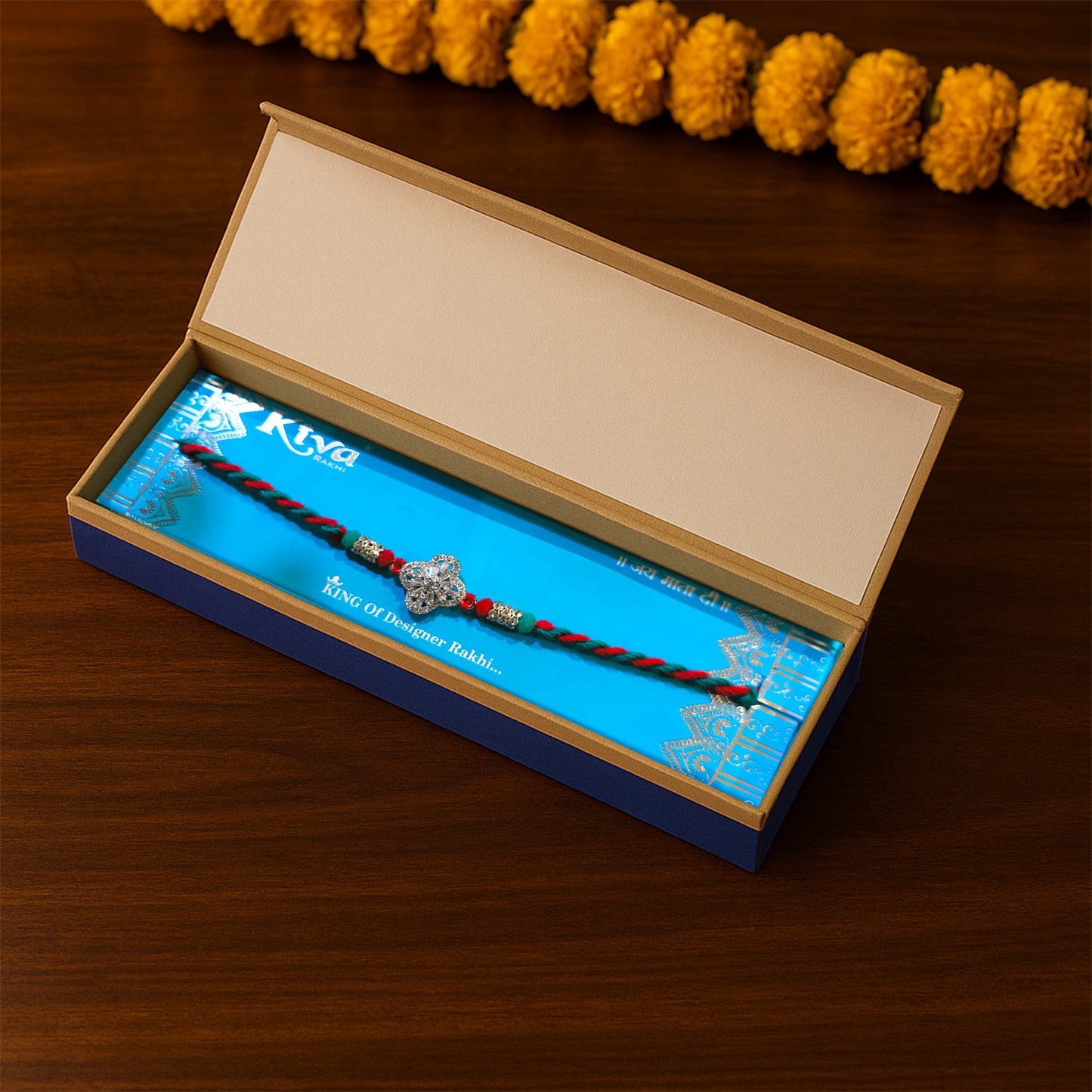925 Silver Rakhi with Intricate Floral Diamond-Cut Design on Red-Green Braided Thread – Premium Single Rakhi
