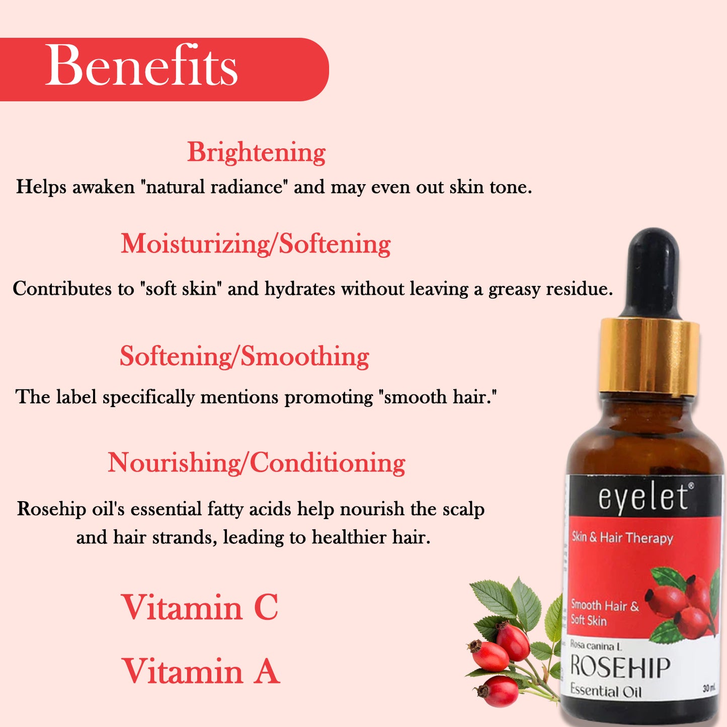 Eyelet Rosehip Essential Oil Natural Skin & Hair Therapy Oil for Smooth Hair