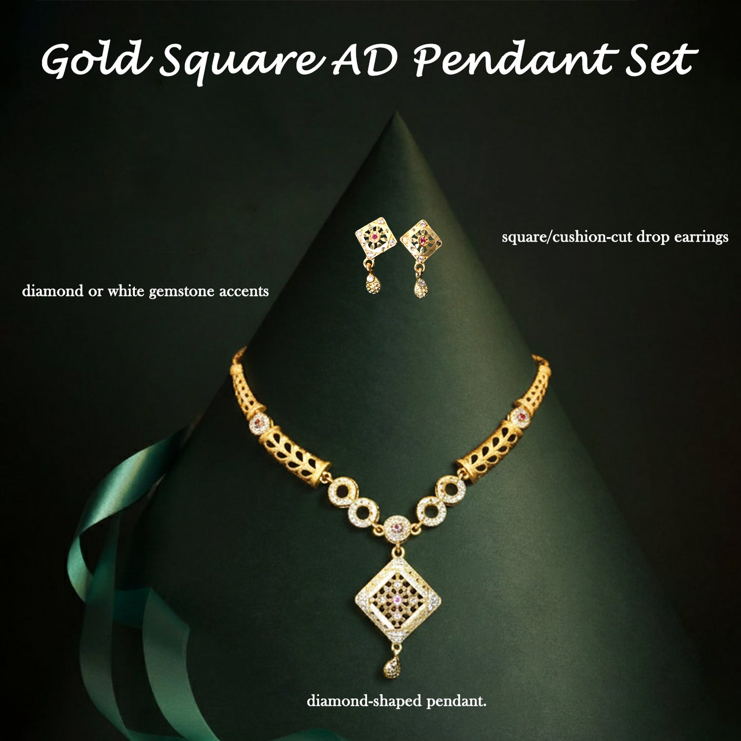 Gold plated square pendant necklace set with matching earrings and designer filigree detail