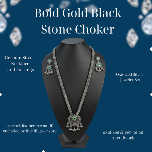 Jewellery set with gold-tone choker featuring black stones & pearl drops with matching earrings