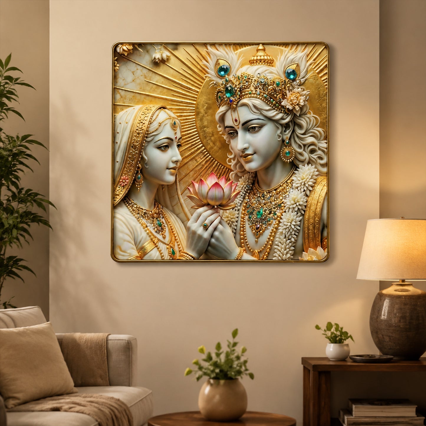 3D Radha Krishna Lotus Theme Crystal Wall Art Decorative Frame (12x12 Inch)