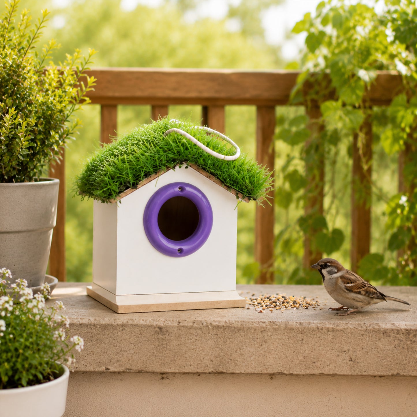 Birdhouse hanging from tree branch with green synthetic roof