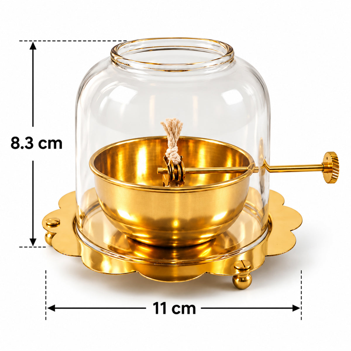 A brass Akhand Diya with a glass cover is shown with its height of 8.3 cm and width of 11 cm indicated.