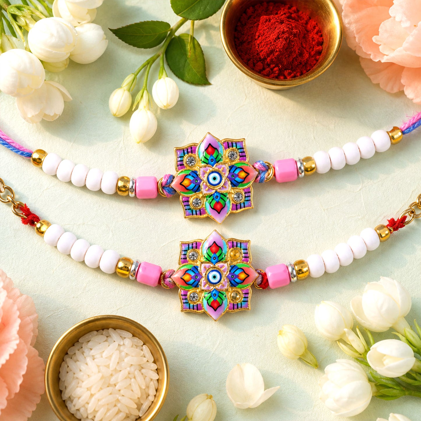 Floral Mandala Evil Eye Printed Pearl Beads Bhai Bhabhi Rakhi Set