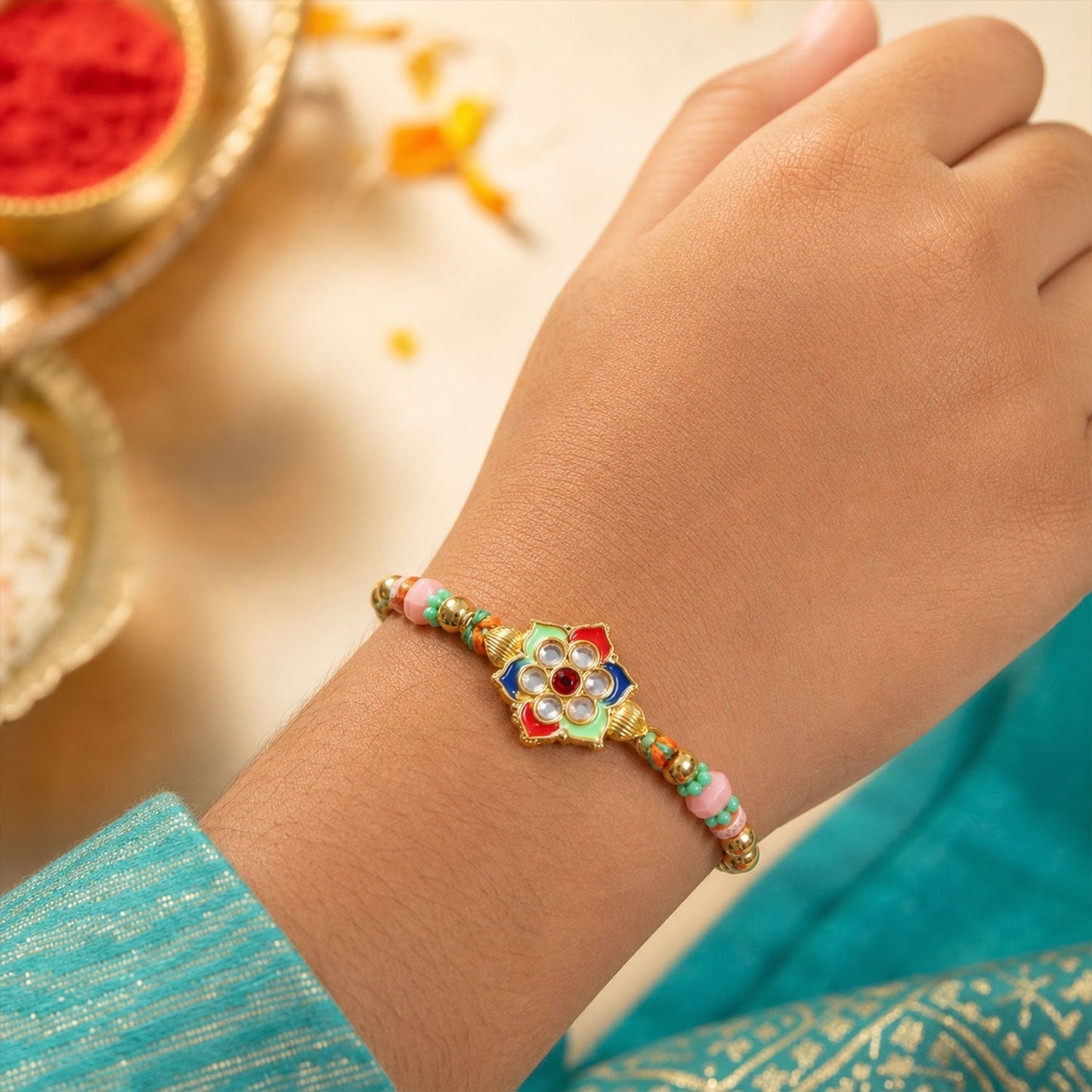 Kundan Floral Rakhi Set with Assorted Dryfruits, Pack of 5