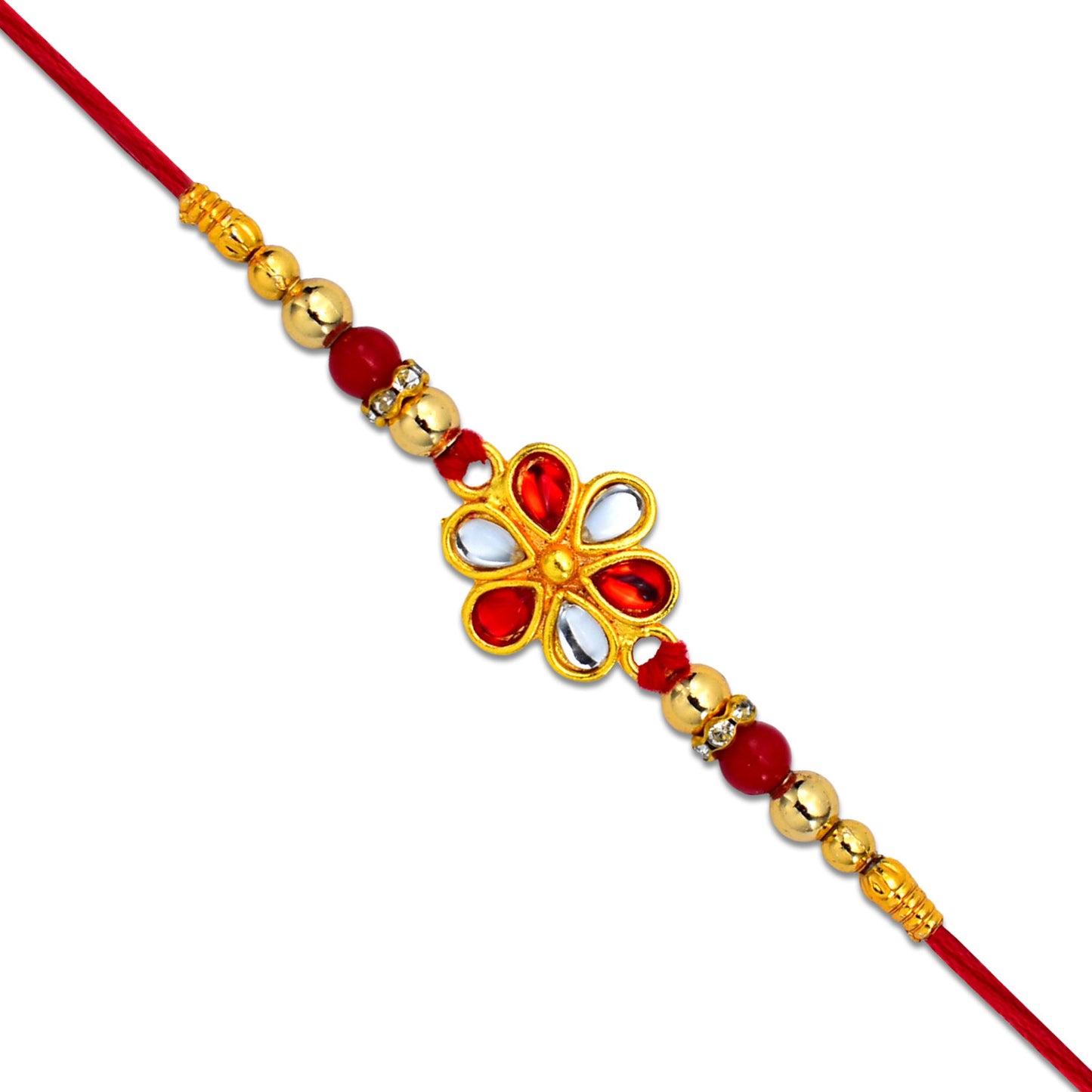 Close-up of red and white beaded rakhi with kundan floral design