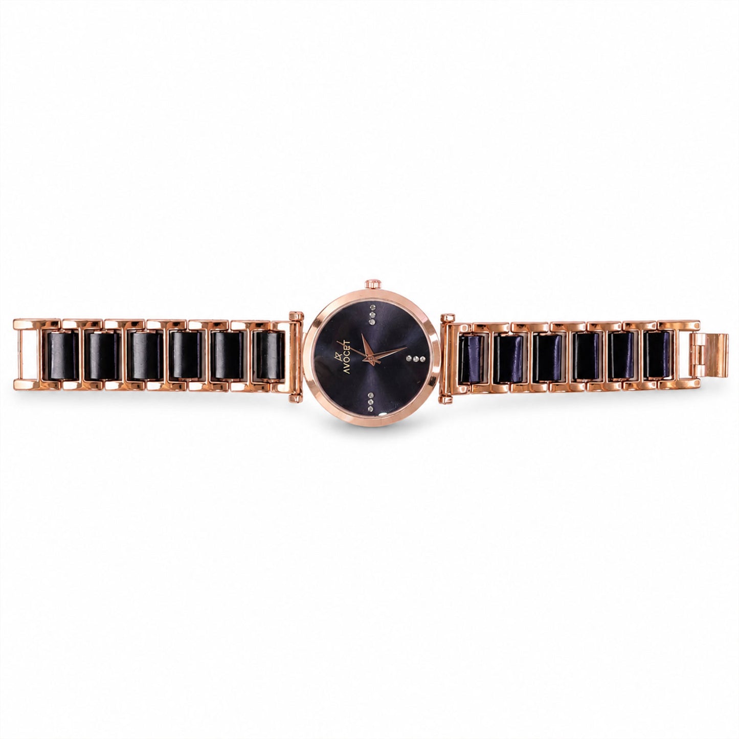 Rose Gold Round Dial Watch with Black Butterfly Shape Bracelet for Women