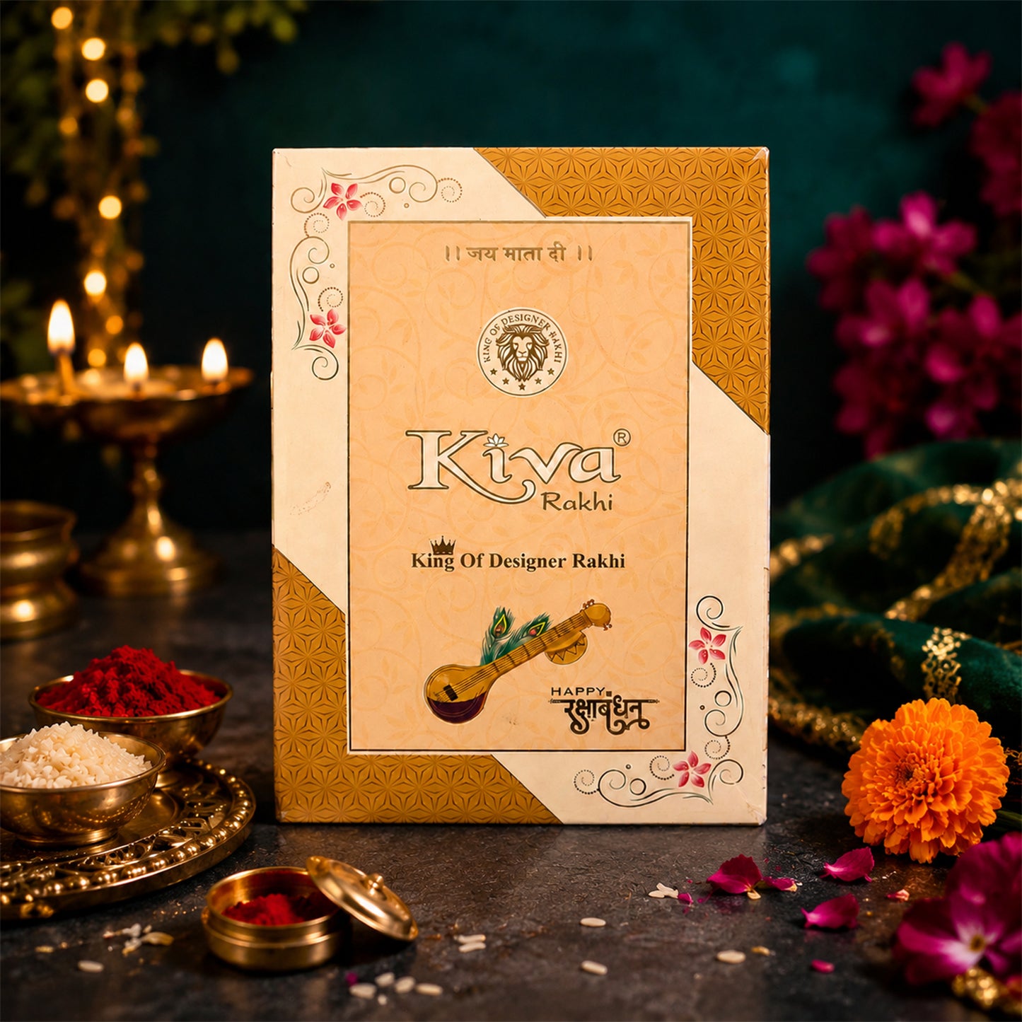 Auspicious Floral Kalash Devotional Rakhi for Brother with Beads Gift