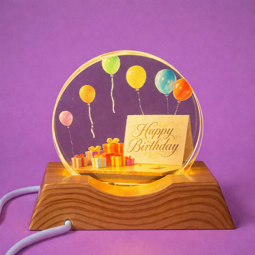 Happy Birthday Acrylic LED Night Lamp with Wooden Base Decorative Gift