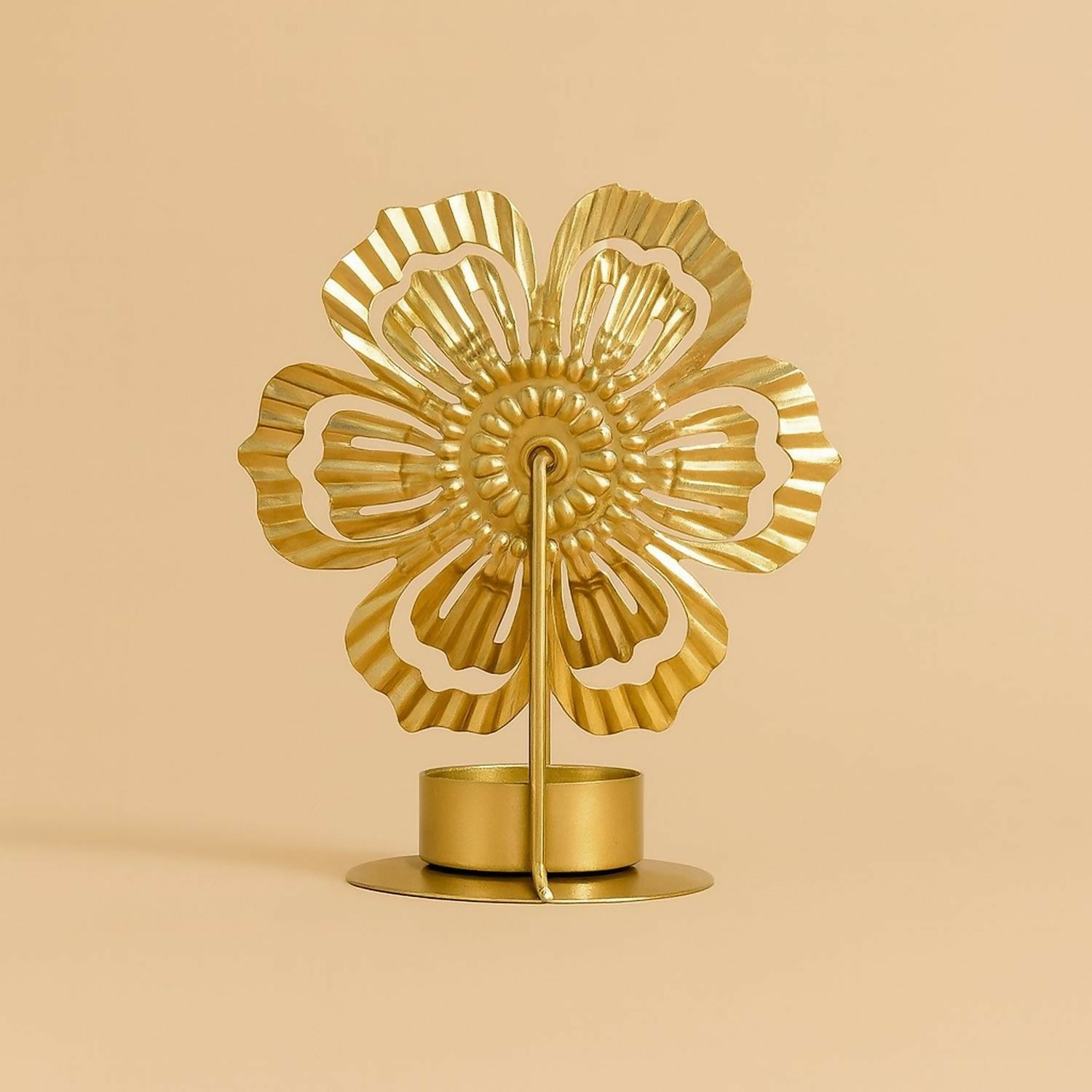 Luxury Golden Metal Flower Tealight Candle Holder with Blue Petal Design – Decorative Tabletop Flower Shape T-Light Stand for Home Décor, Living Room, Festive Decoration, Pooja & Gifting