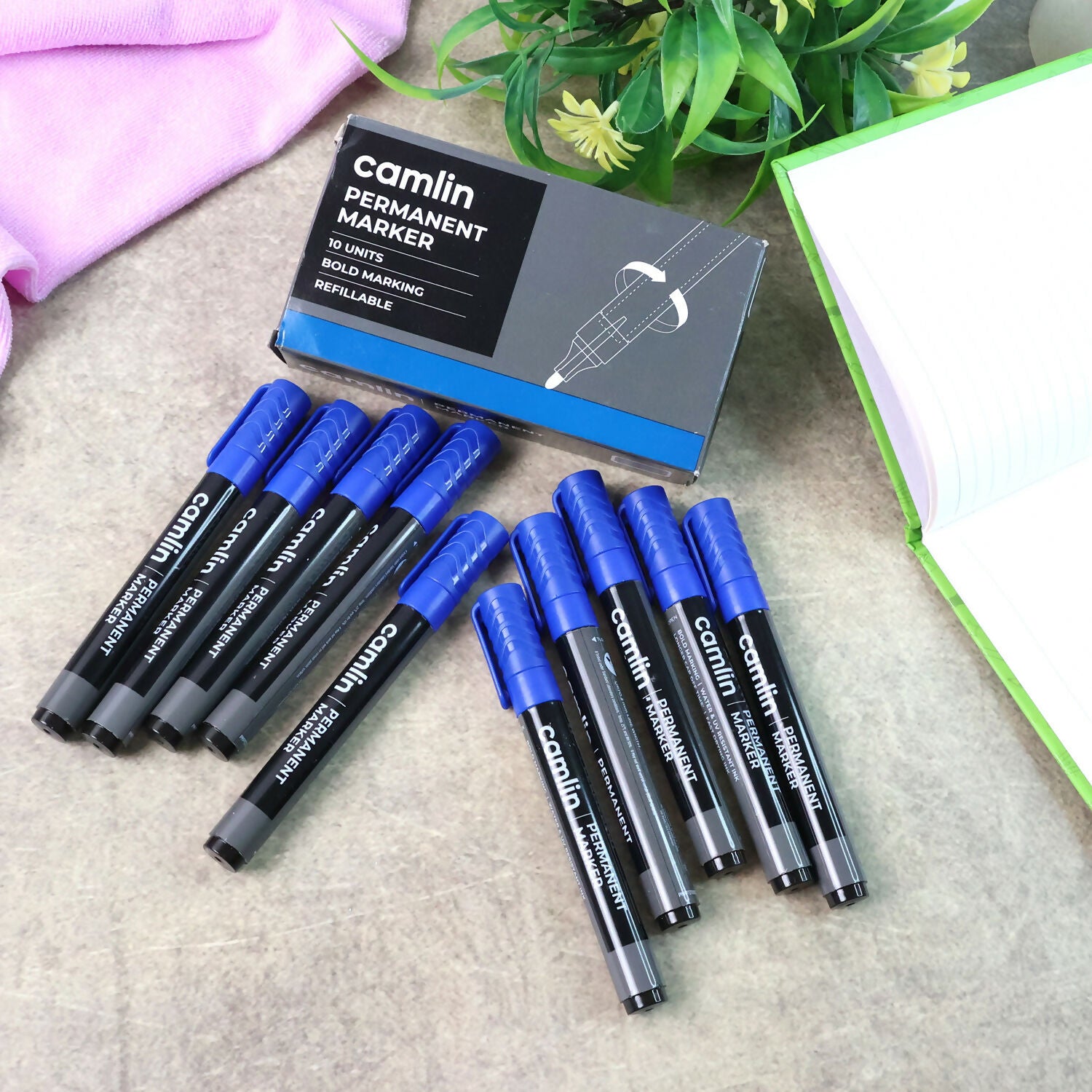 Camlin Permanent Marker – Blue Colour, Bold & Long-Lasting Ink, Refillable Multi-Surface Permanent Markers – Pack of 10