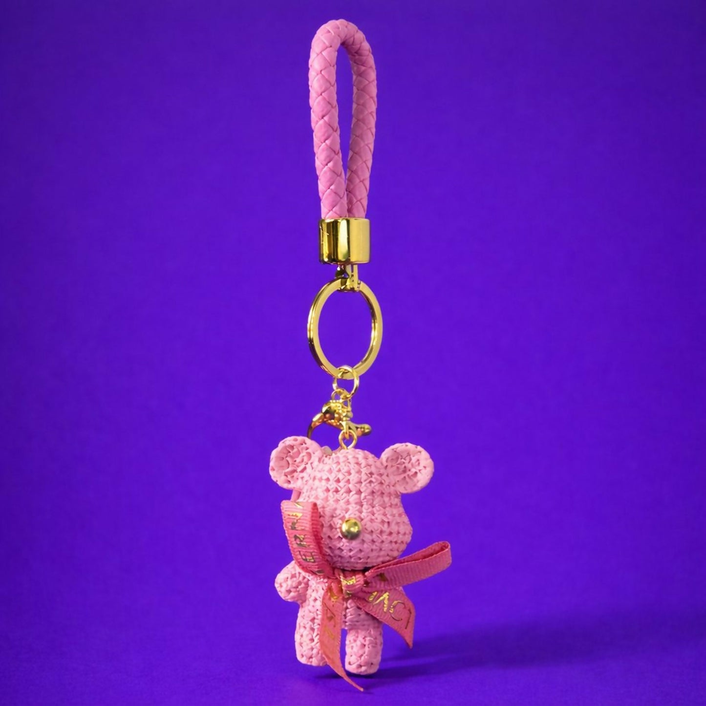 Cute Pink Teddy Bear Keychain with Braided Strap Bag Charm for Girls