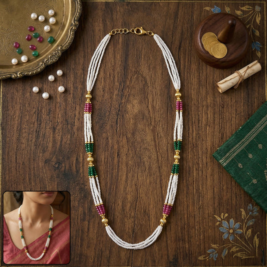 Multi-color beaded traditional mala necklace with gold accents