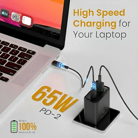UNITEQ 65W HyperGaN Fast Charger 2 Type-C PD + USB Port Adapter (Black)