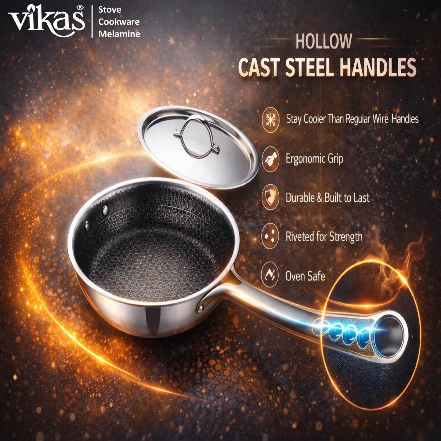 Cool-touch hollow cast steel handle on Vikas Honeycomb Frypan