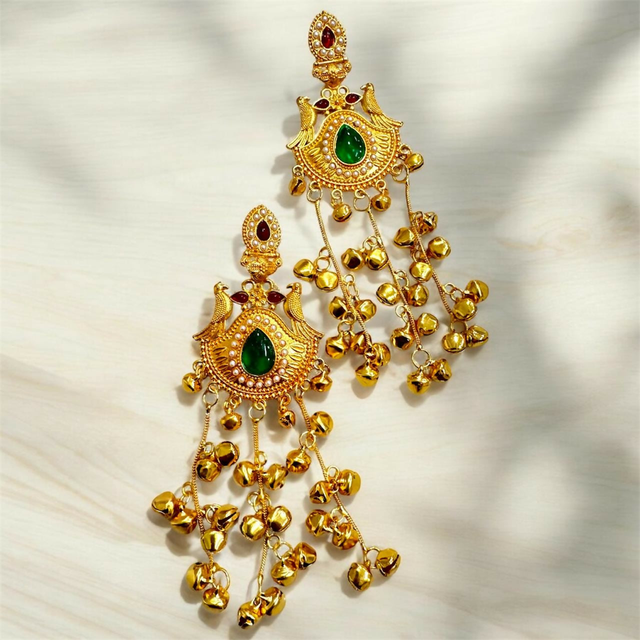 Traditional Kashmiri Gold-Plated Jhumka Earrings with Green Stone & Ghungroo Drops