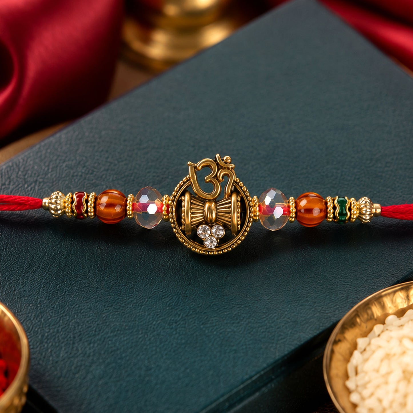 Om Damru Trishul Devotional Rakhi with Sparkling Stones and Brown Beads