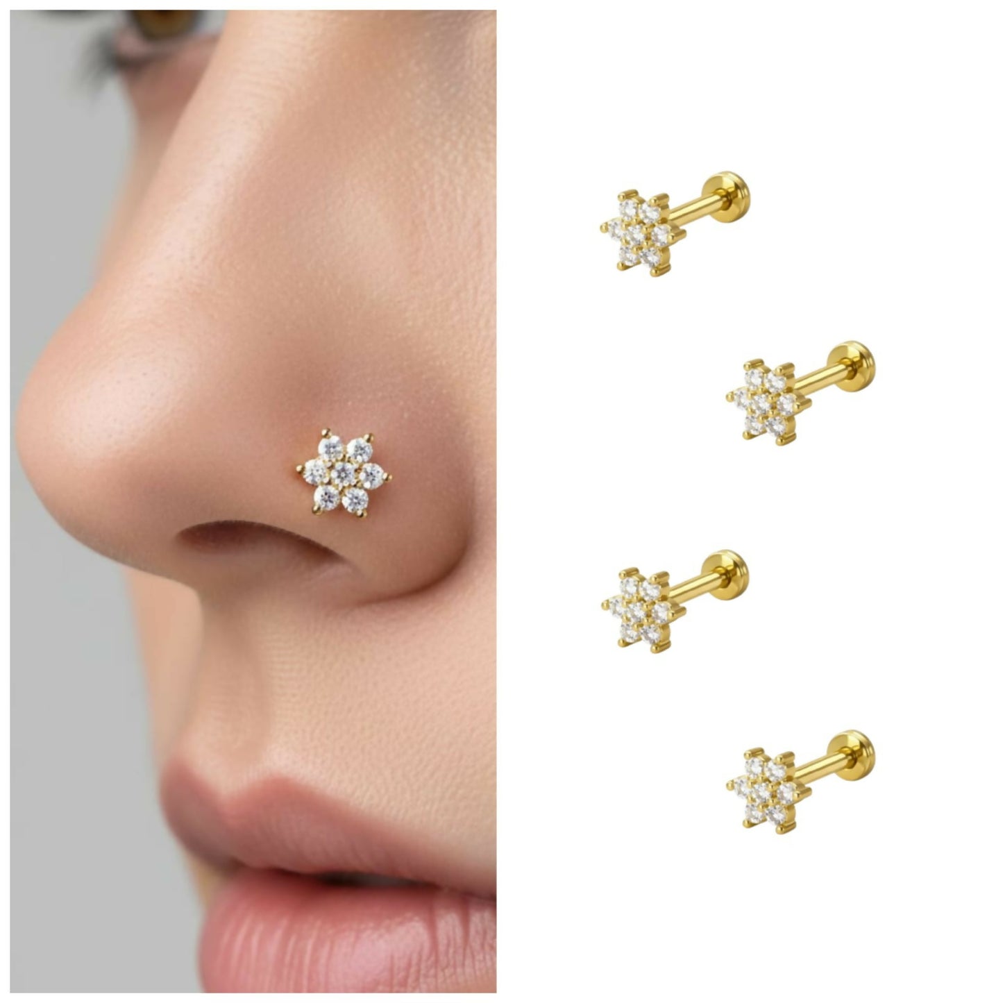 Gold plated crystal flower nosepin stud with flat back for comfortable nose piercing