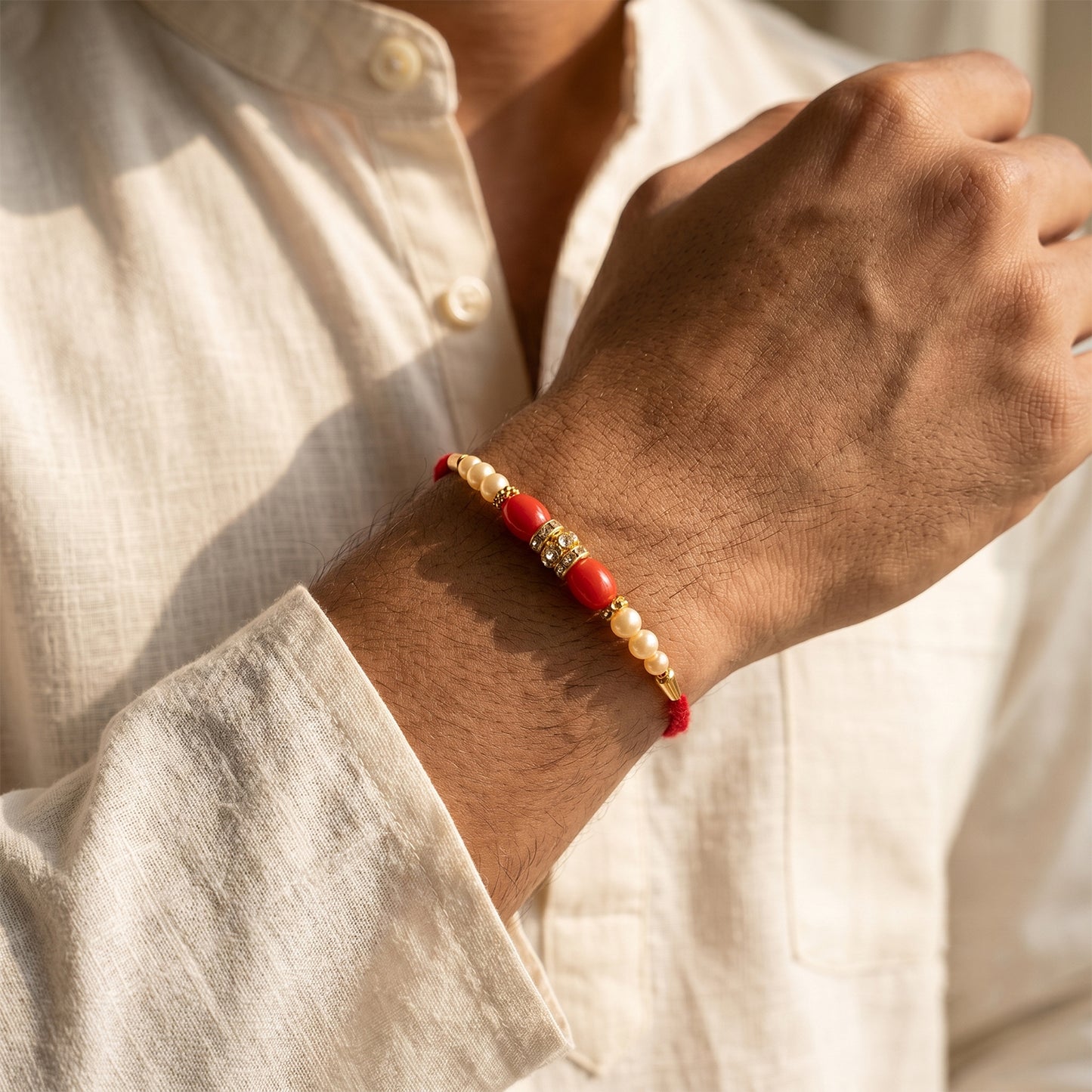 Red Moti Rakhi with Pearl Line and Antique Gold Spacer Beads