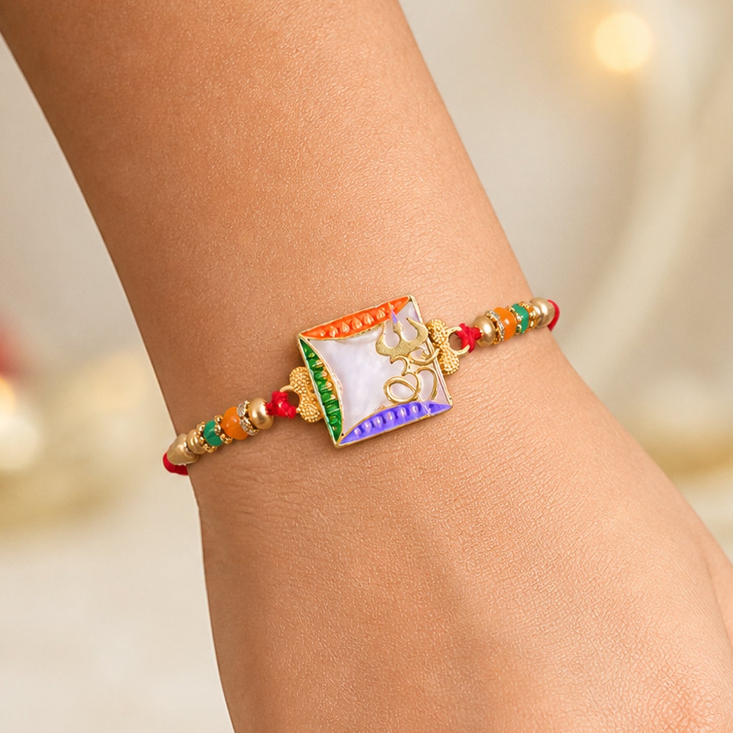 Elegant Rakhi with Square Floral Charm, bead line and chain look for Gift Styling