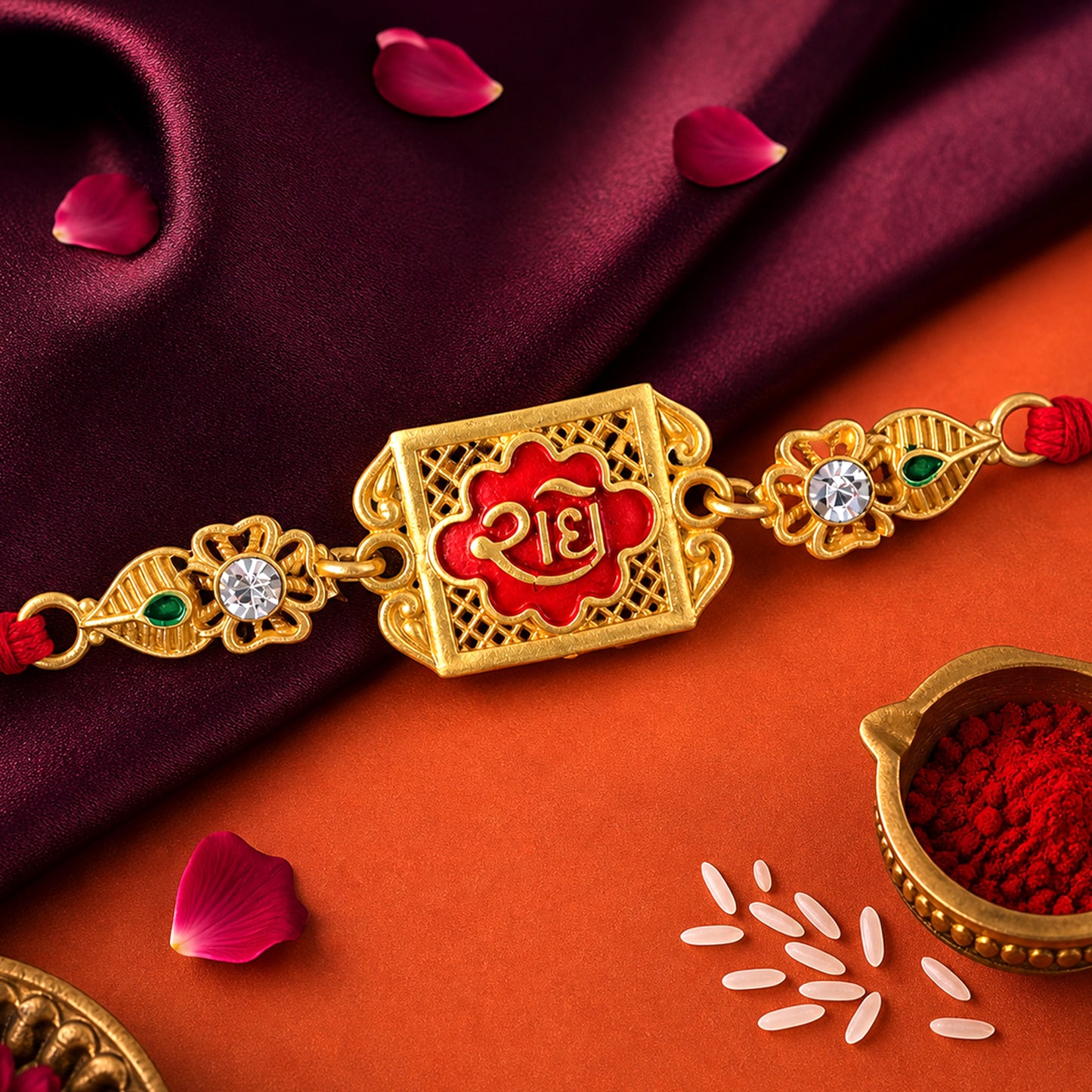 Gold-Toned Radhe with Red Enamel, Crystal Accents & Designer Red Thread
