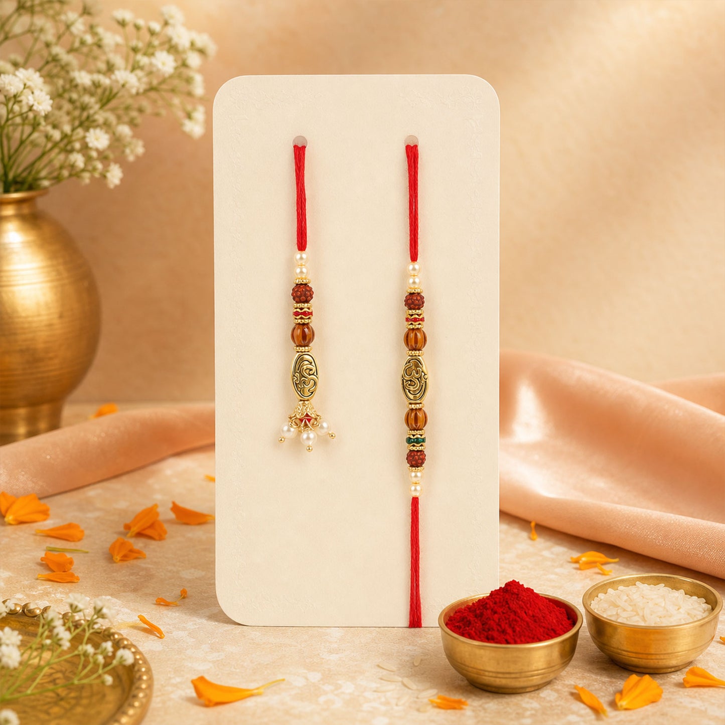 Antique Om Couple Rakhi Set with Rudraksha Style Beads and Pearl Lumba Charm Design