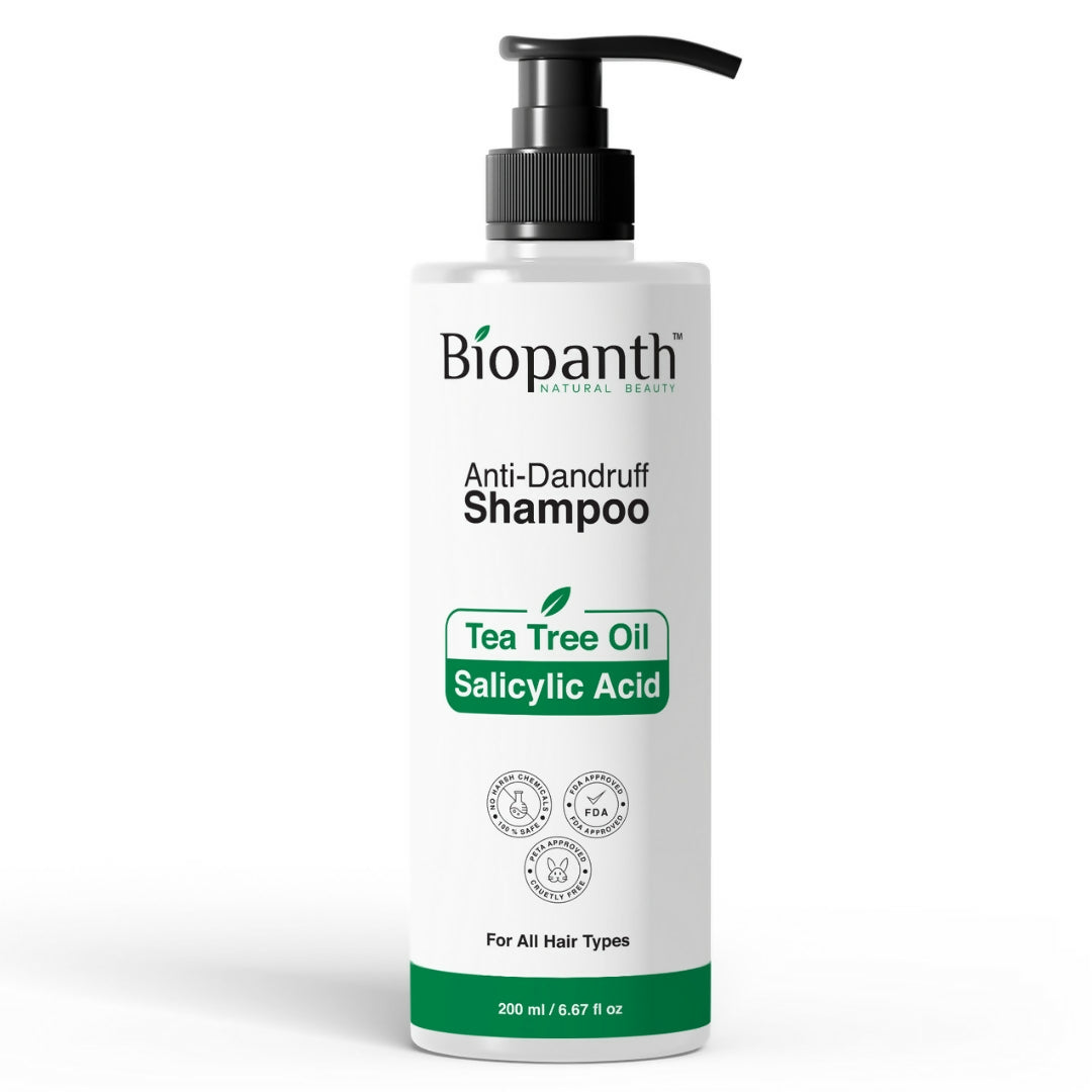 Anti dandruff shampoo bottle with herbal ingredients and scalp care benefits