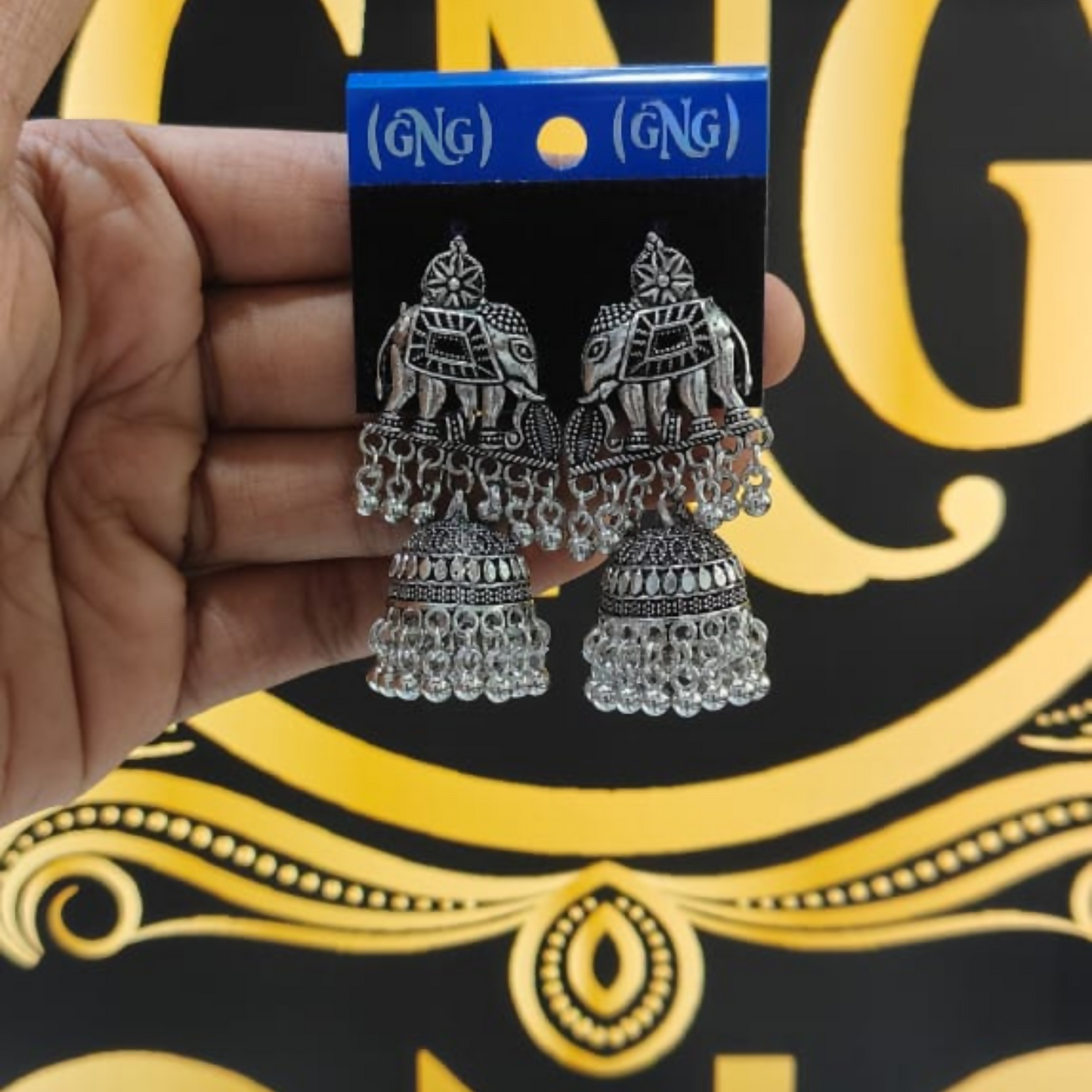 Traditional Silver Look Elephant Jhumka Earrings